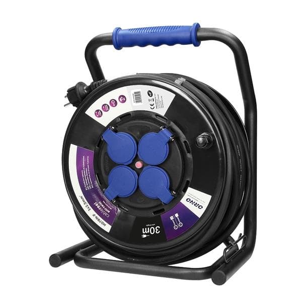 Enrouleur de câble avec 4 prises fixes, 30m IP44, 4 prises 2 pôles + T, câble caoutchouc