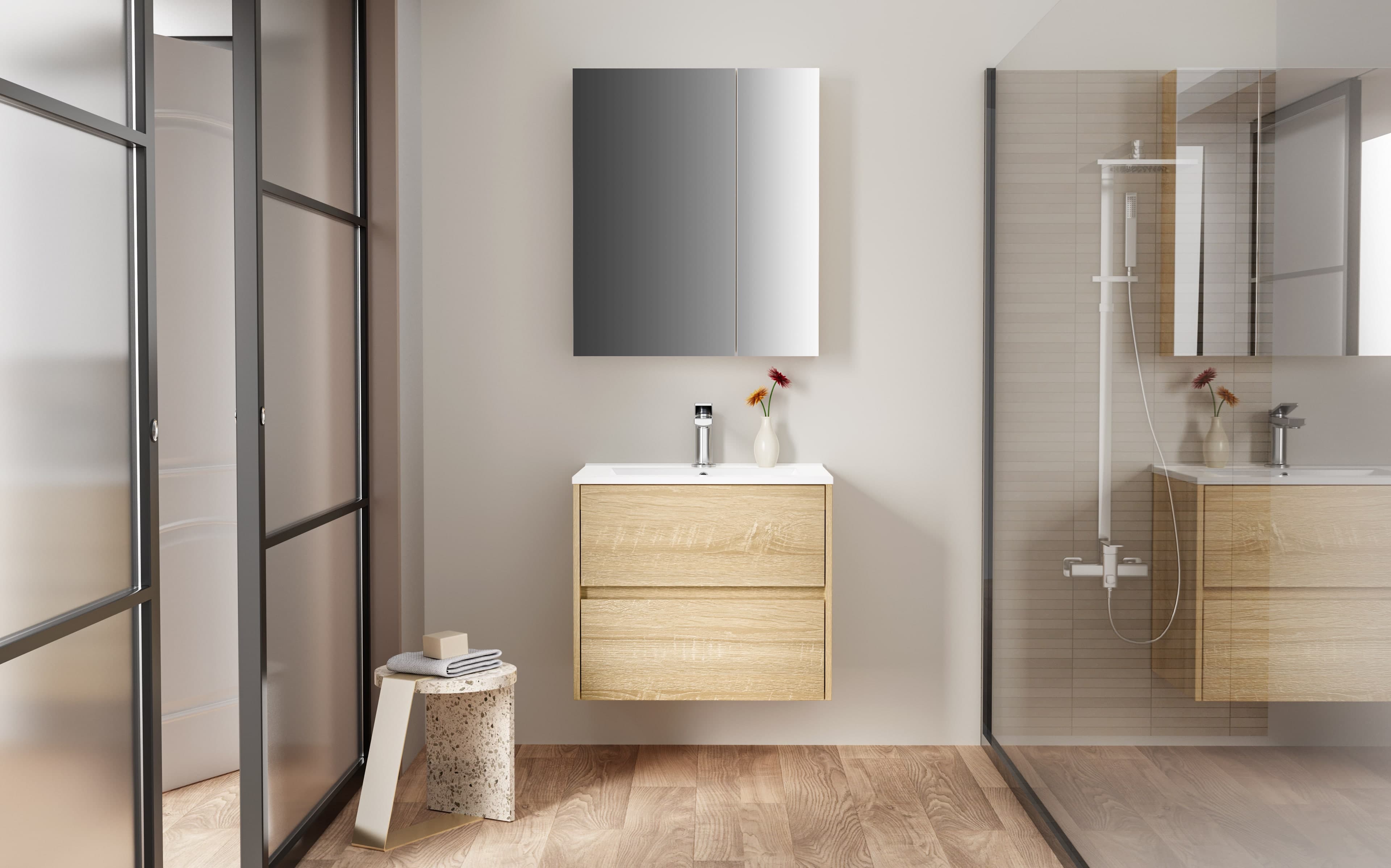 Hayat Armoire miroir - 2 portes miroirs asymétriques, à un seul côté - 4 étagères réglables en hauteur - 60X70X15 cm - chêne