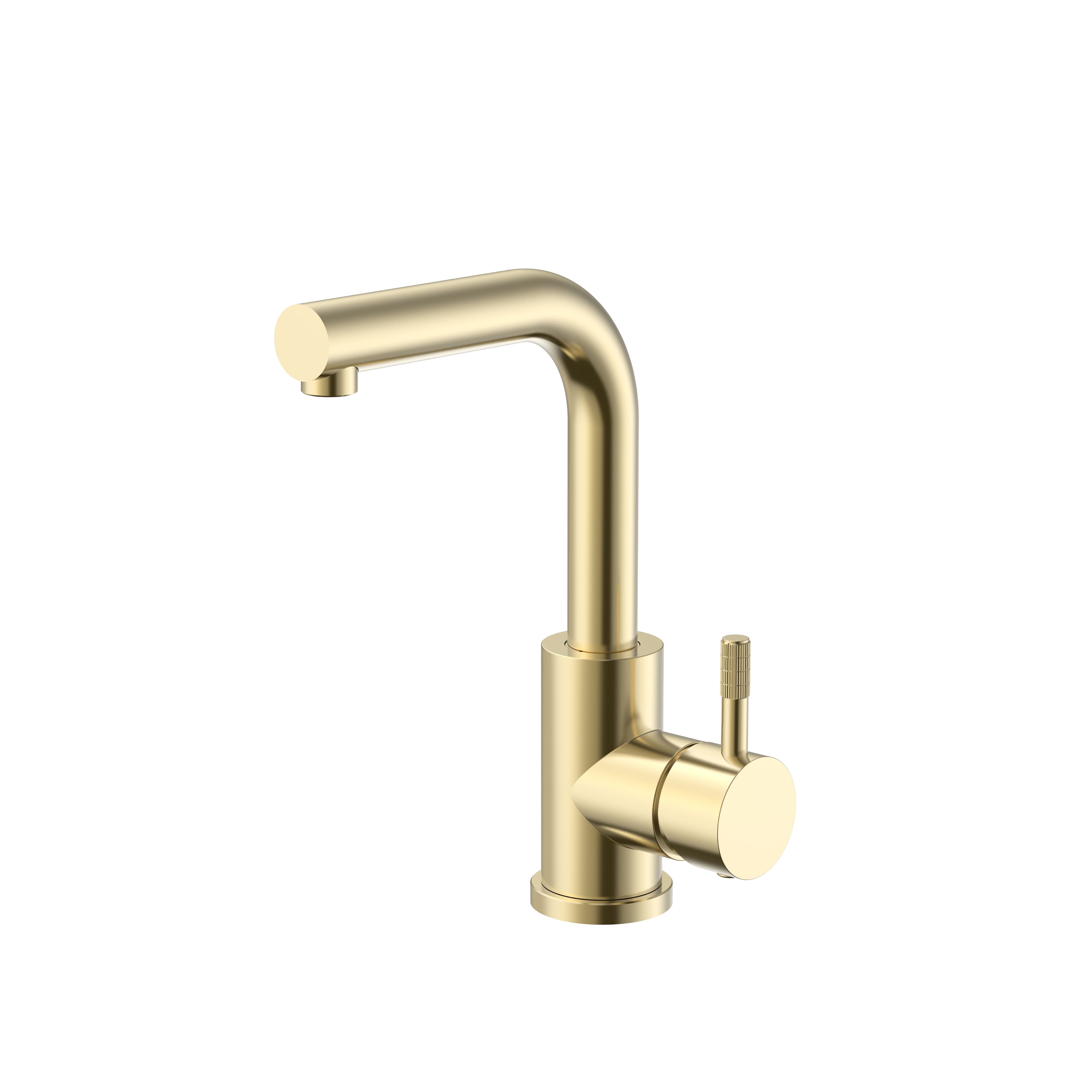 STRIA MITIGEUR LAVABO/ÉVIER – BEC DROIT – MOBILE – DÉMARRAGE À FROID – POIGNÉE AVEC STRUCTURE STRIÉE RAFFINÉE – SANS BONDE – OR BROSSÉ (PVD)
