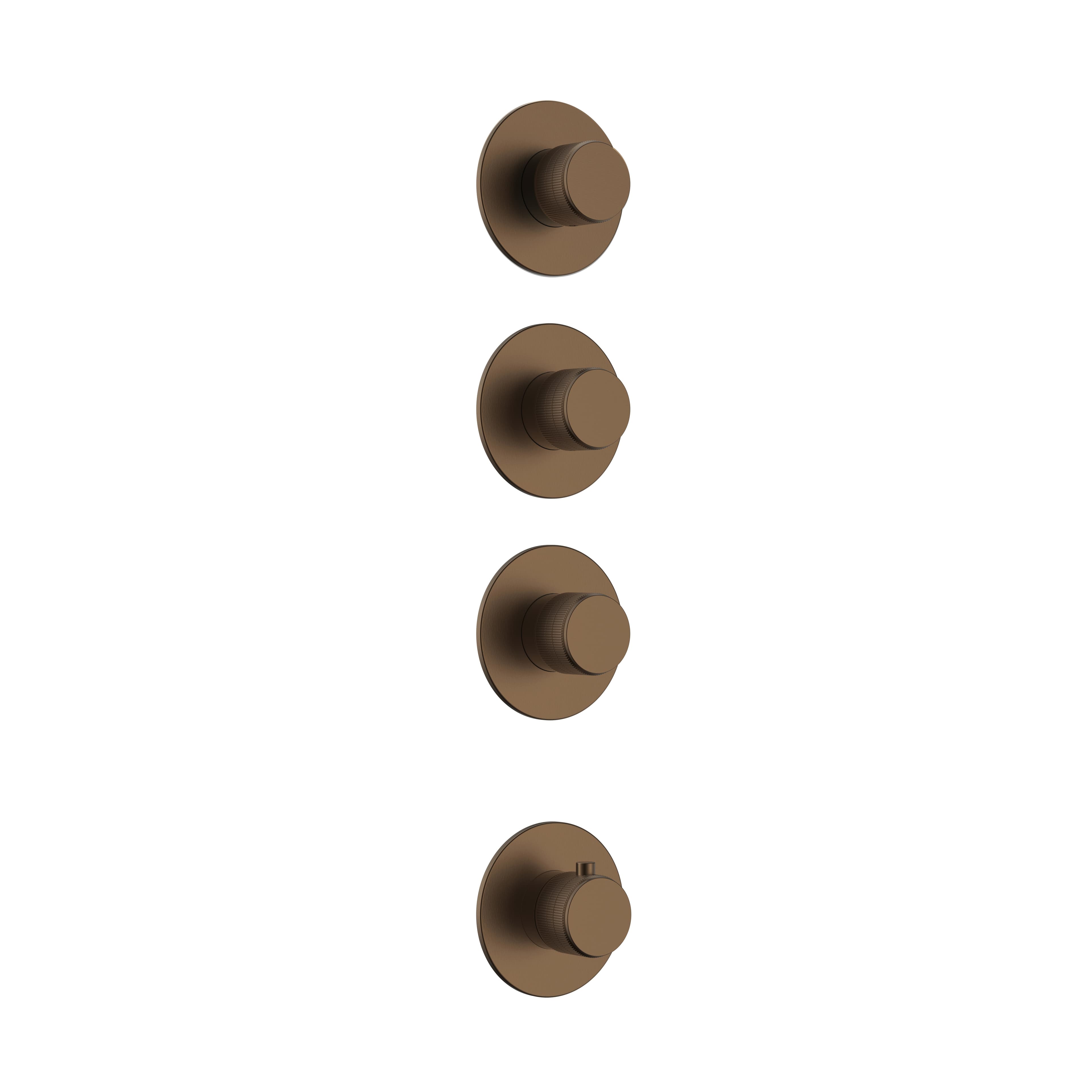 STRIA ÉLÉMENT DE FINITION POUR MITIGEUR DE DOUCHE – 3 VOIES AVEC 3 ROBINETS D’ARRÊT – THERMOSTATIQUE – ENCASTRÉ – RONDE – BOUTONS S AVEC STRUCTURE STRIÉE RAFFINÉE – BRUN BRONZÉ (PVD)