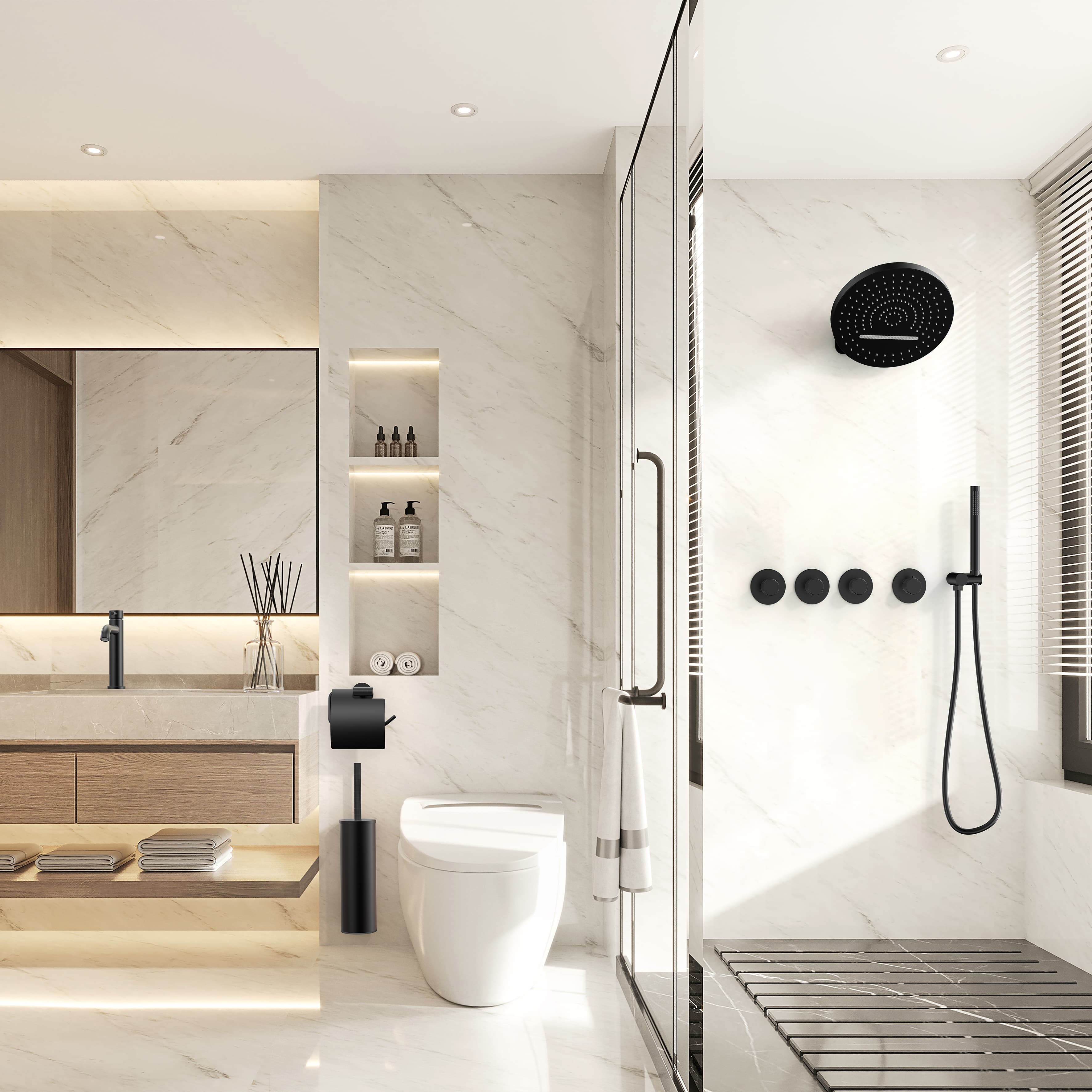 Stria élément de finition pour Mitigeur de douche – 3 voies avec 3 robinets d’arrêt – thermostatique – encastré – ronde – boutons S avec structure striée raffinée – Noir mat (PVD)