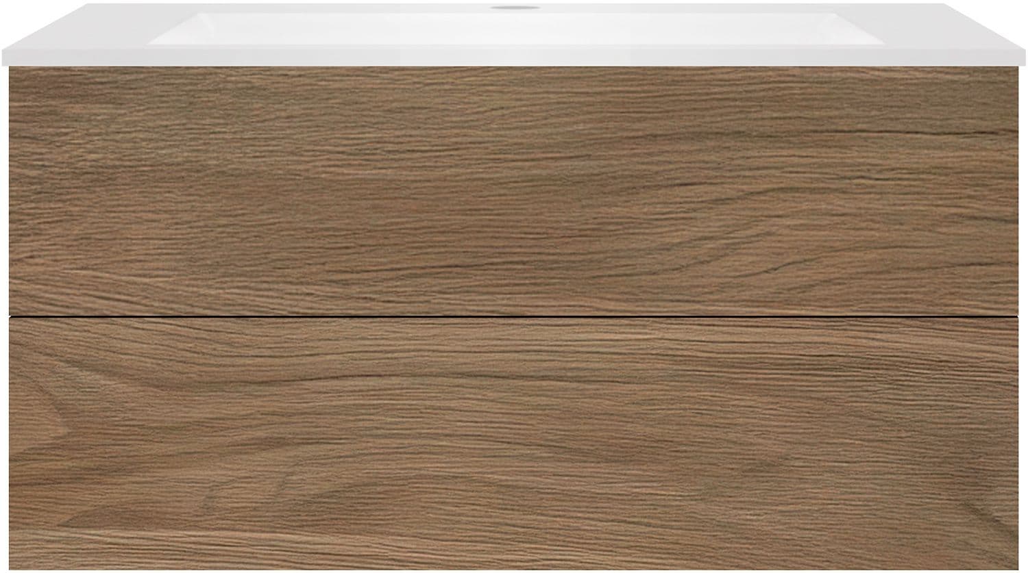 SOUS MEUBLE COFFEE 2 TIROIRS 120 CHENE CARAMELLE+LAVABO EN MARBRE SYNTHETIQUE BLANC