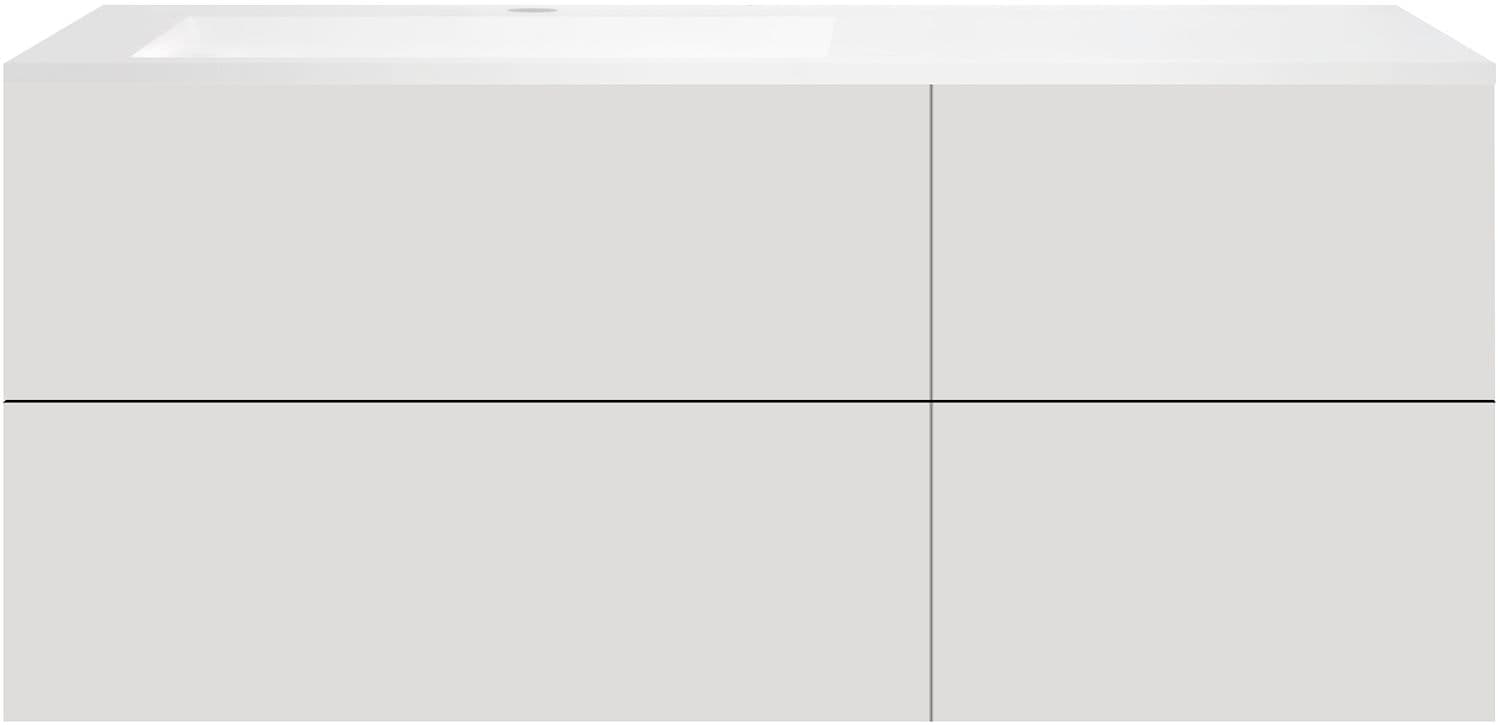 SOUS MEUBLE COFFEE 4 TIROIRS 140 GRIS VELOURS MAT+LAVABO GAUCHE EN MARBRE SYNTHETIQUE BLANC MAT