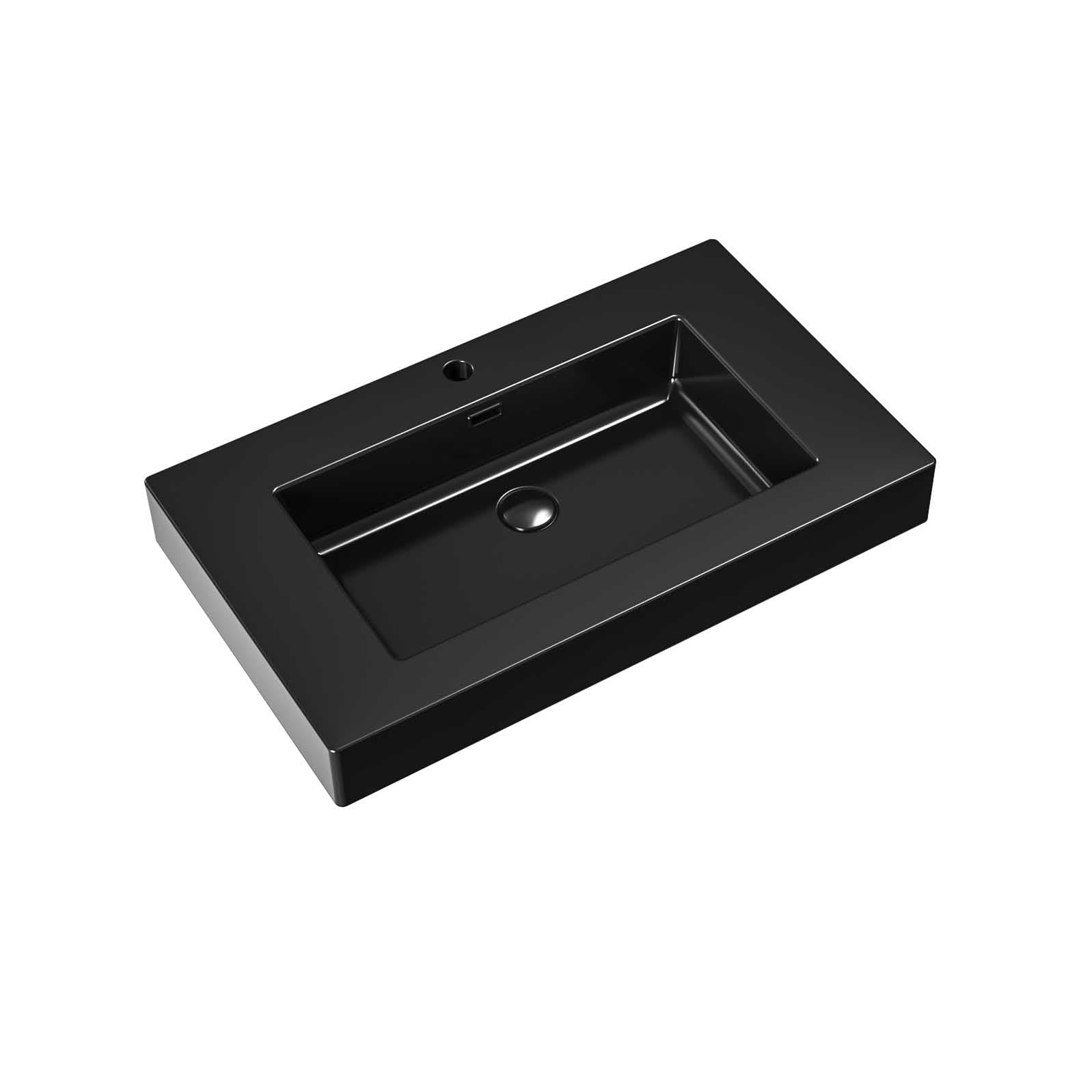 ALONI lavabo - 1 vasque - avec trop-plein - 1 trou robinet - marbre composite - 80X10X46 cm - Noir mat