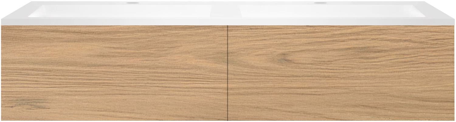 SOUS MEUBLE COFFEE 2 TIROIRS 140 CHENE CLASSIQUE +DOUBLE LAVABO EN MARBRE SYNTHETIQUE BLANC MAT
