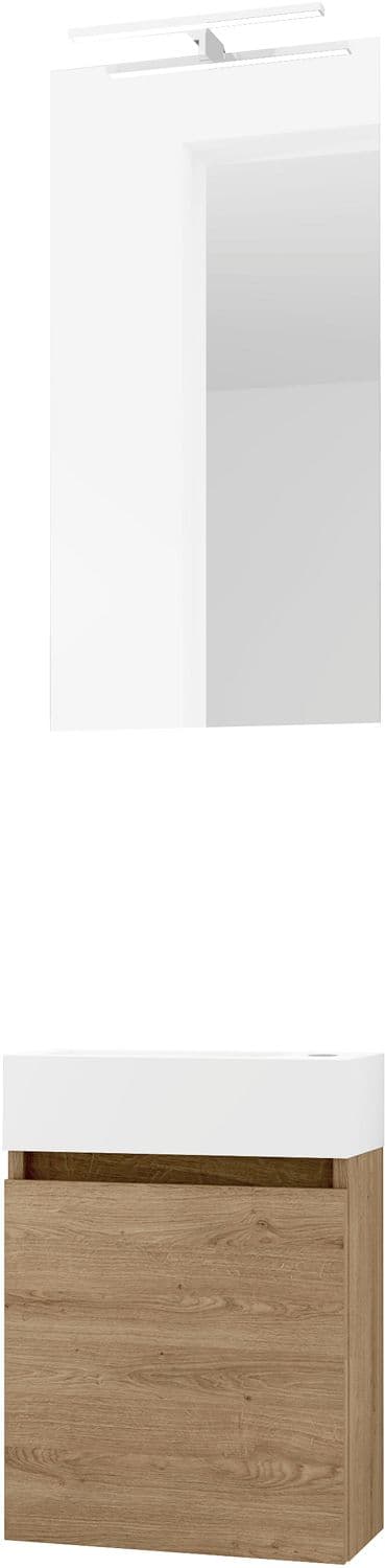 LAVE-MAINS FORM MINI PORCELAINE MAT WIT/ 1 PORT/MIROIR/LUMIERE LED CHENE NATURE