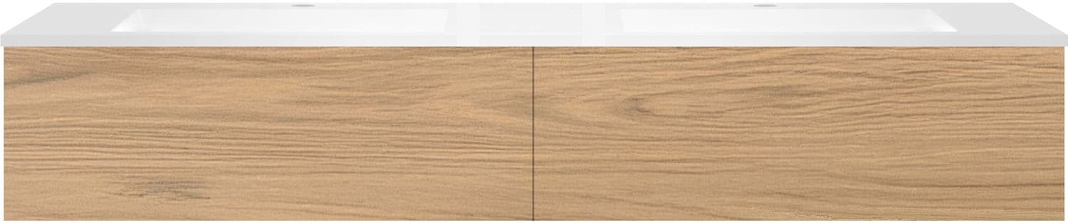 SOUS MEUBLE COFFEE 2 TIROIRS 180 CHENE CLASSIQUE +DOUBLE LAVABO EN MARBRE SYNTHETIQUE BLANC MAT