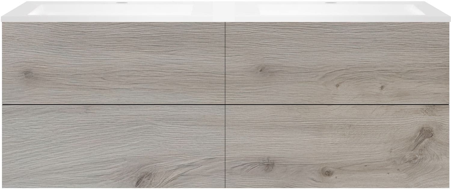 SOUS MEUBLE COFFEE 4 TIROIRS 160 DUO CHENE ARGENT +DOUBLE LAVABO EN MARBRE SYNTHETIQUE BLANC MAT