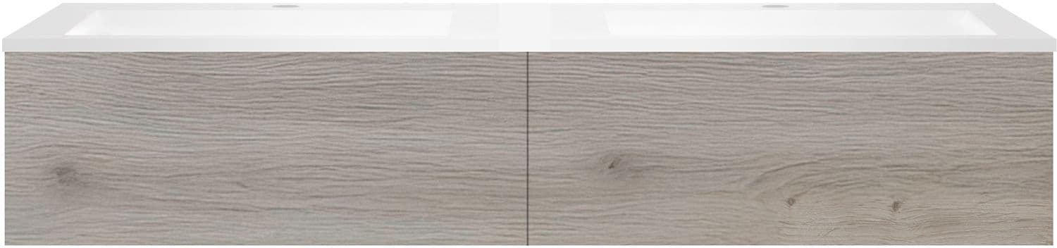 SOUS MEUBLE COFFEE 2 TIROIRS 160 CHENE ARGENT +DOUBLE LAVABO EN MARBRE SYNTHETIQUE BLANC MAT