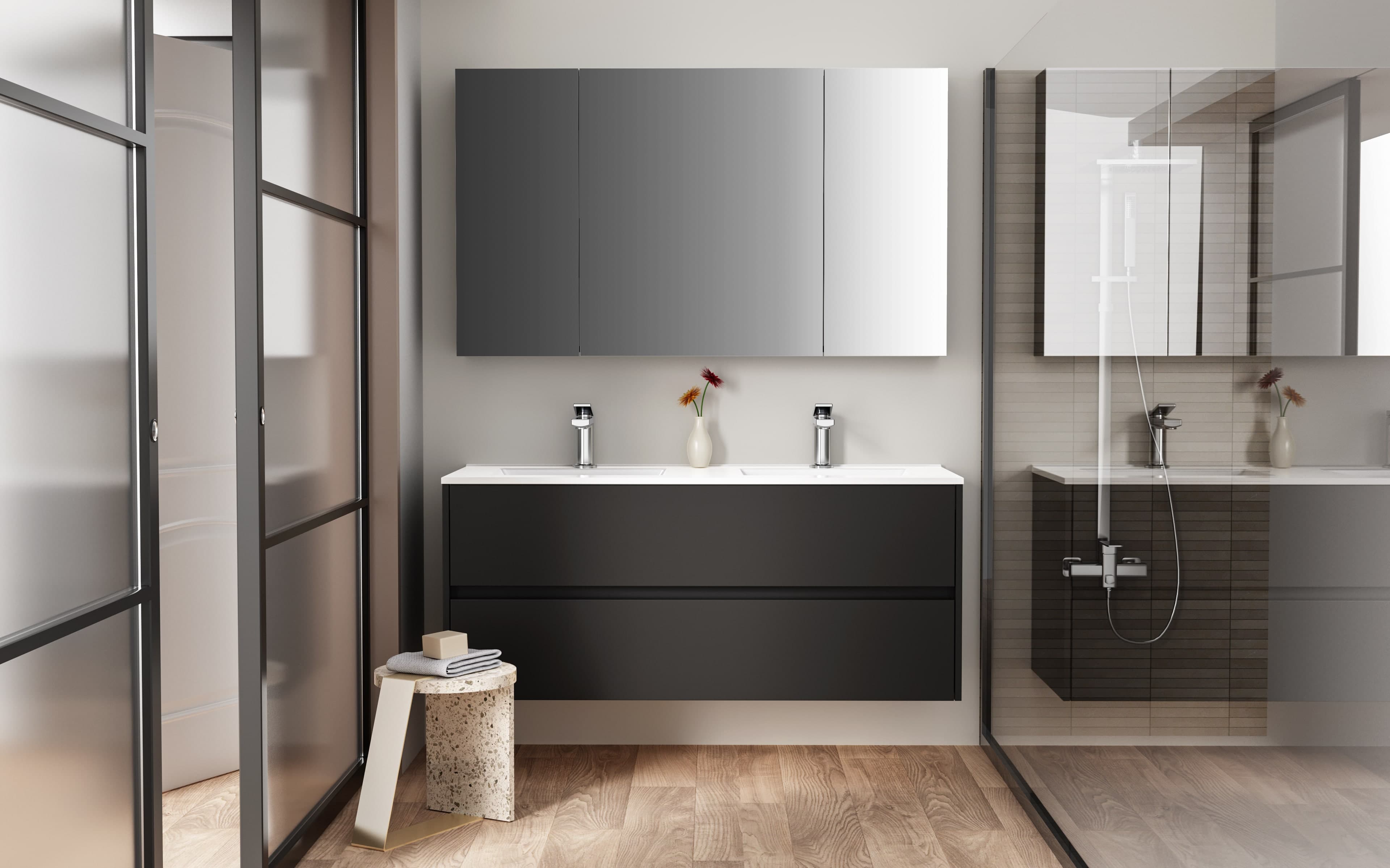 Hayat Armoire miroir - 3 portes miroirs asymétriques, à un seul côté - 6 étagères réglables en hauteur - 120X70X15 cm - Noir mat