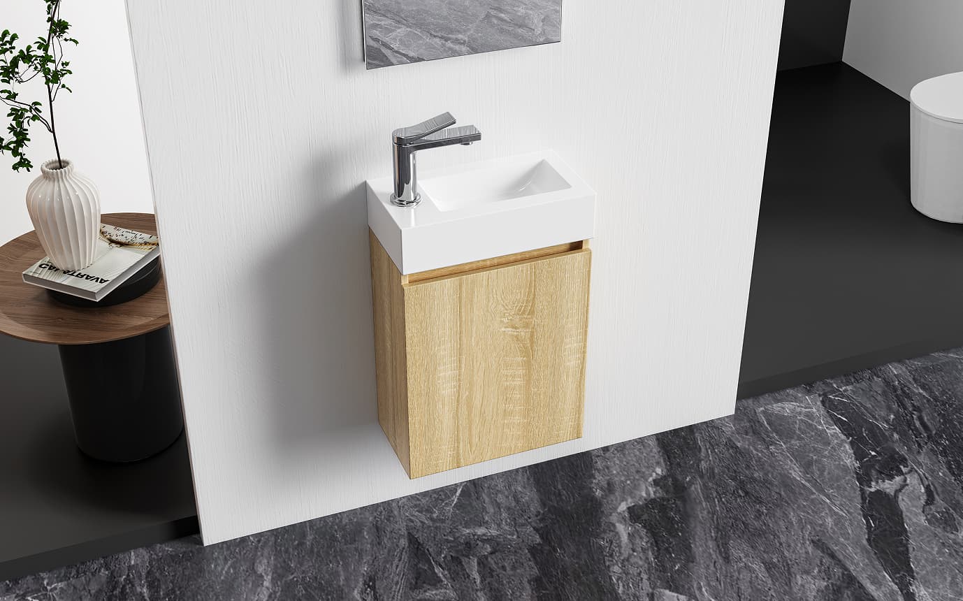 ALONI ZYRO ENSEMBLE DE MEUBLE DE TOILETTE - COMPLÈT - MEUBLE SOUS-VASQUE AVEC 1 PORTE - SANS POIGNÉE - SOFT CLOSE - RÉVERSIBLE - MIROIR - LAVE MAINS - 40,5X22,5 CM - CHÊNE CLAIR/BLANC BRILLANT