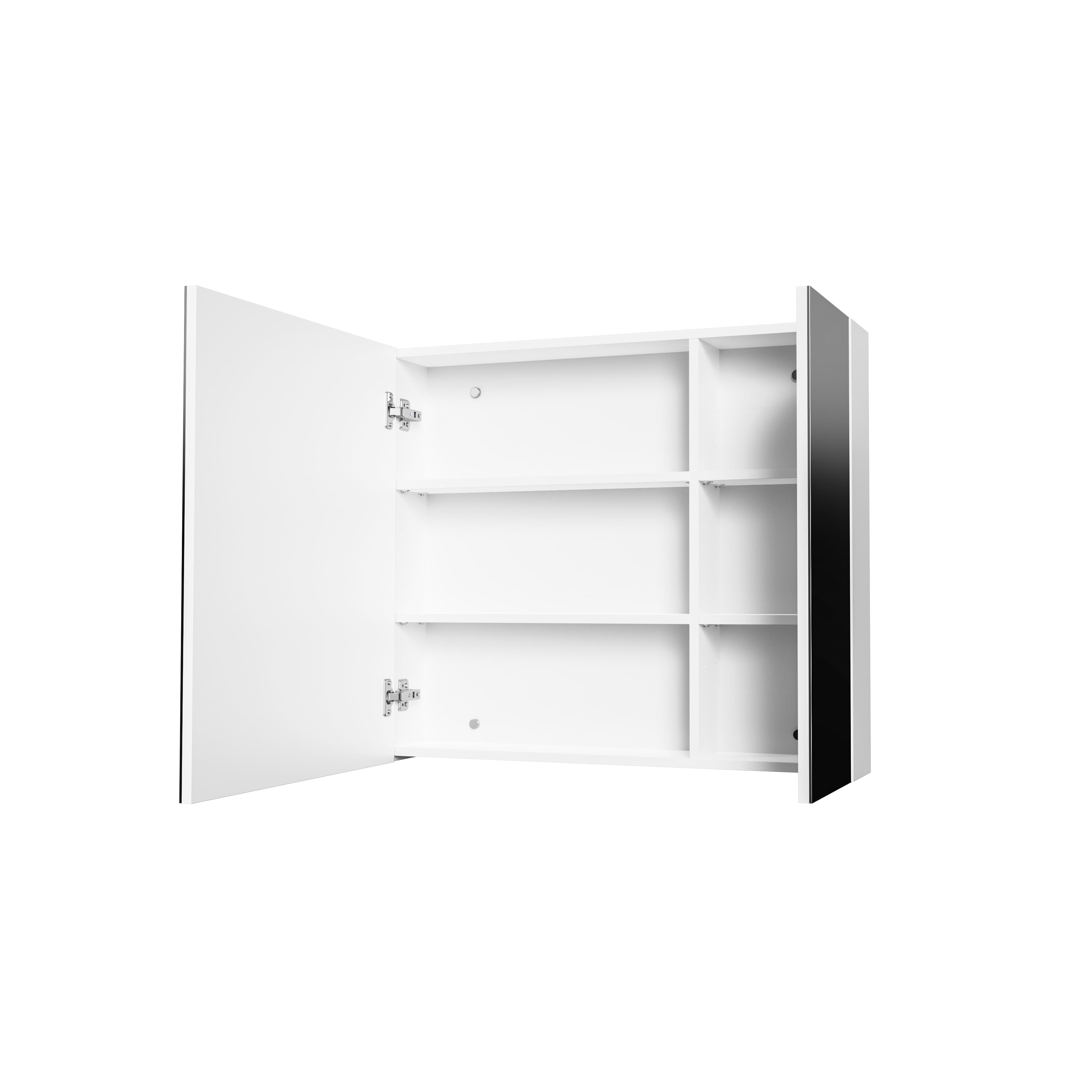 Hayat Armoire miroir - 2 portes miroirs asymétriques, à un seul côté - 4 étagères réglables en hauteur - 80X70X15 cm - blanc brillant