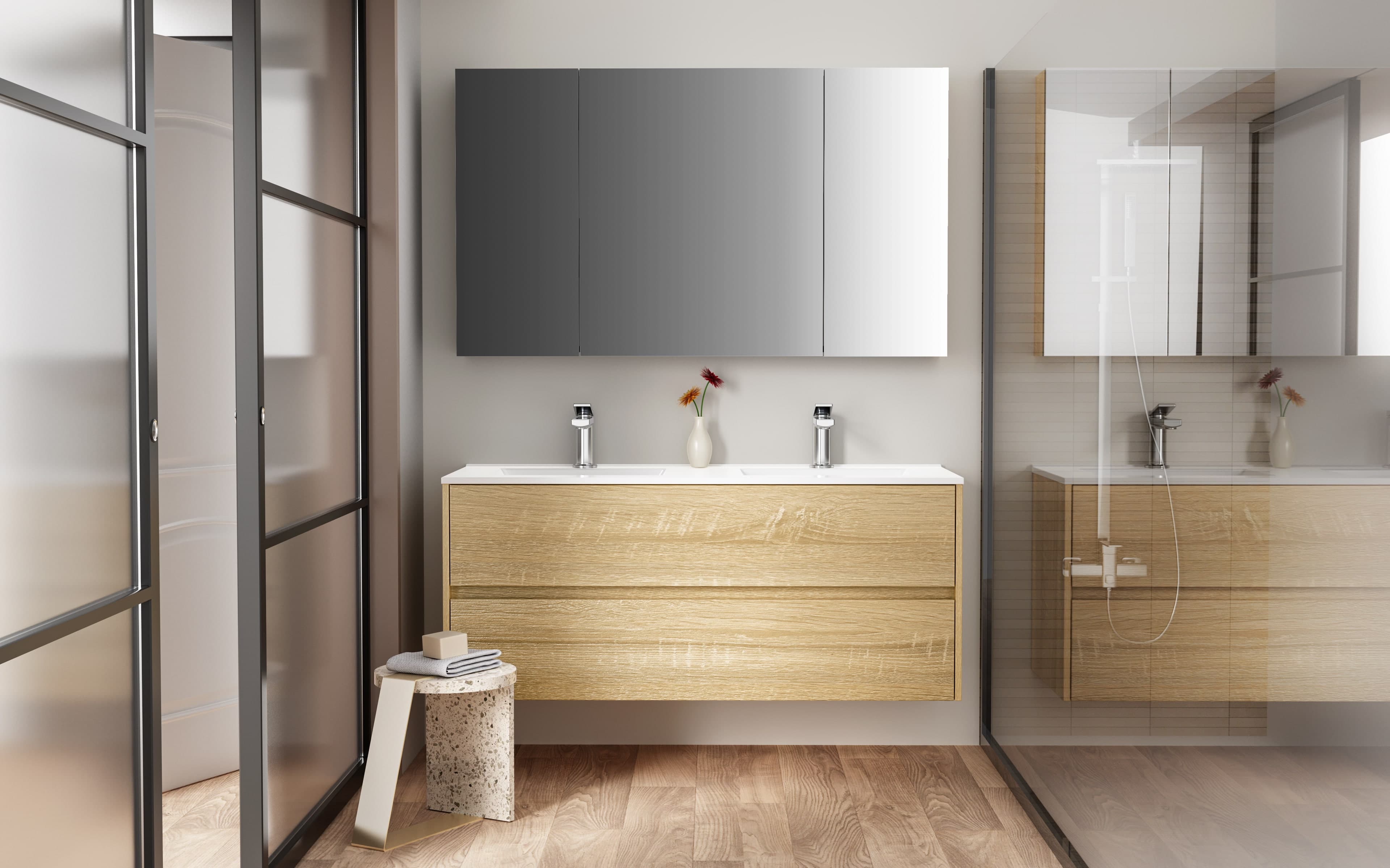 Hayat Armoire miroir - 3 portes miroirs asymétriques, à un seul côté - 6 étagères réglables en hauteur - 120X70X15 cm - chêne