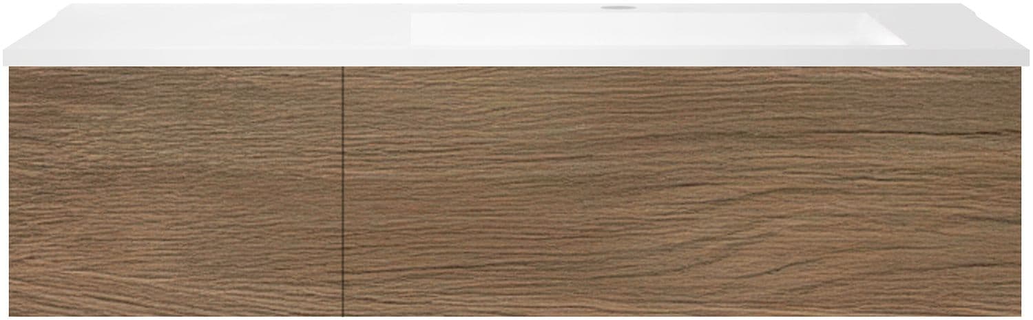 SOUS MEUBLE COFFEE 2 TIROIRS 120 CHENE CARAMELLE+LAVABO DROITE EN MARBRE SYNTHETIQUE BLANC MAT