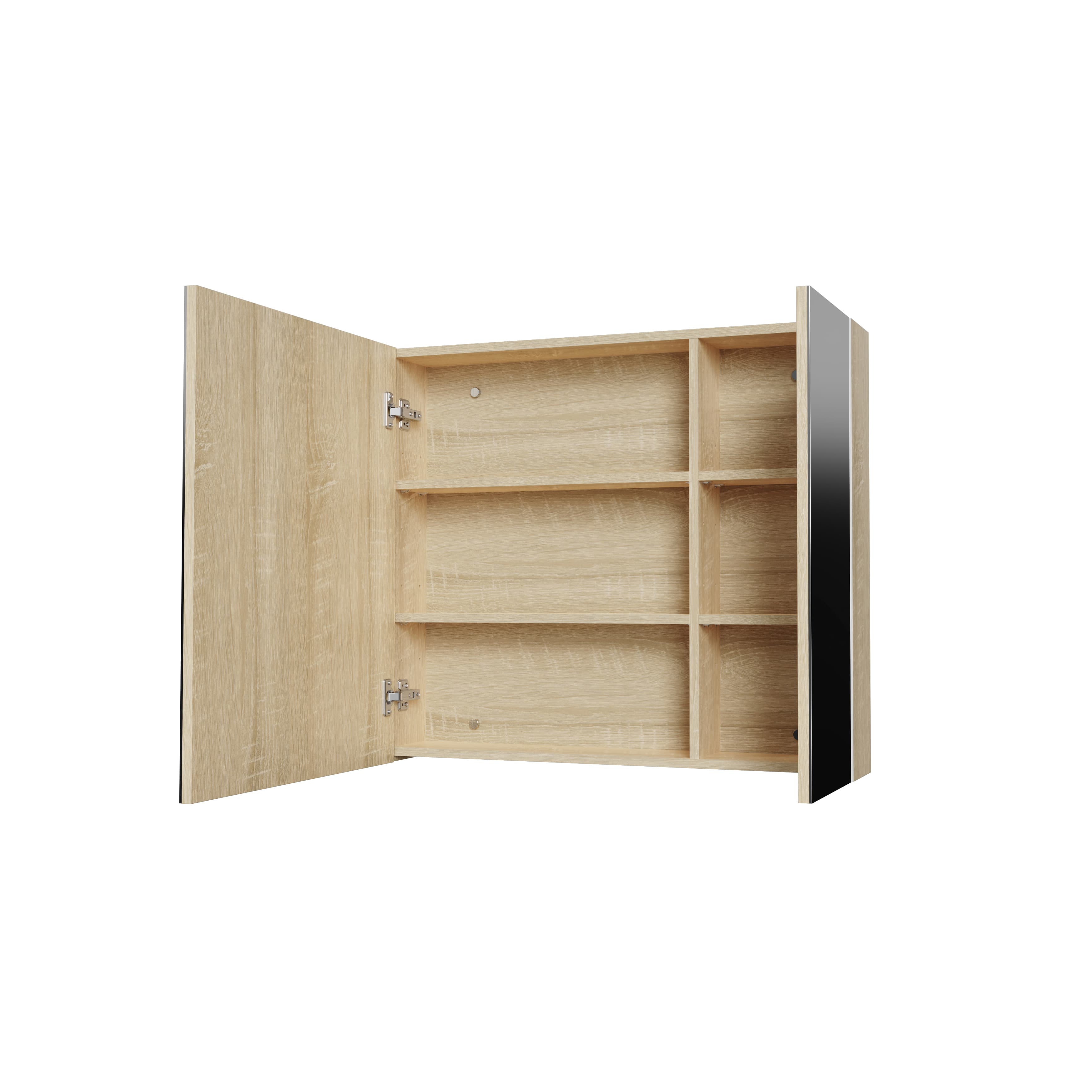 Hayat Armoire miroir - 2 portes miroirs asymétriques, à un seul côté - 4 étagères réglables en hauteur - 80X70X15 cm - chêne