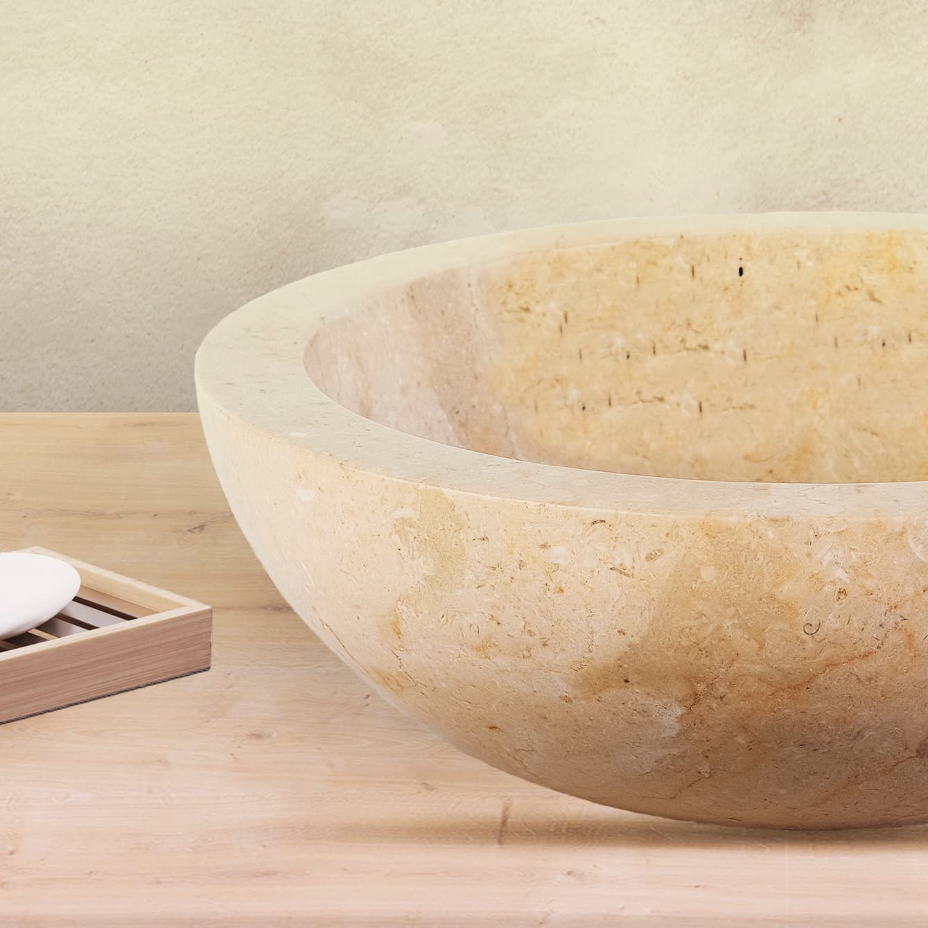 VASQUE EN PIERRE ENTIÈREMENT POLIE- MARBRE CRÈME 35x12CM