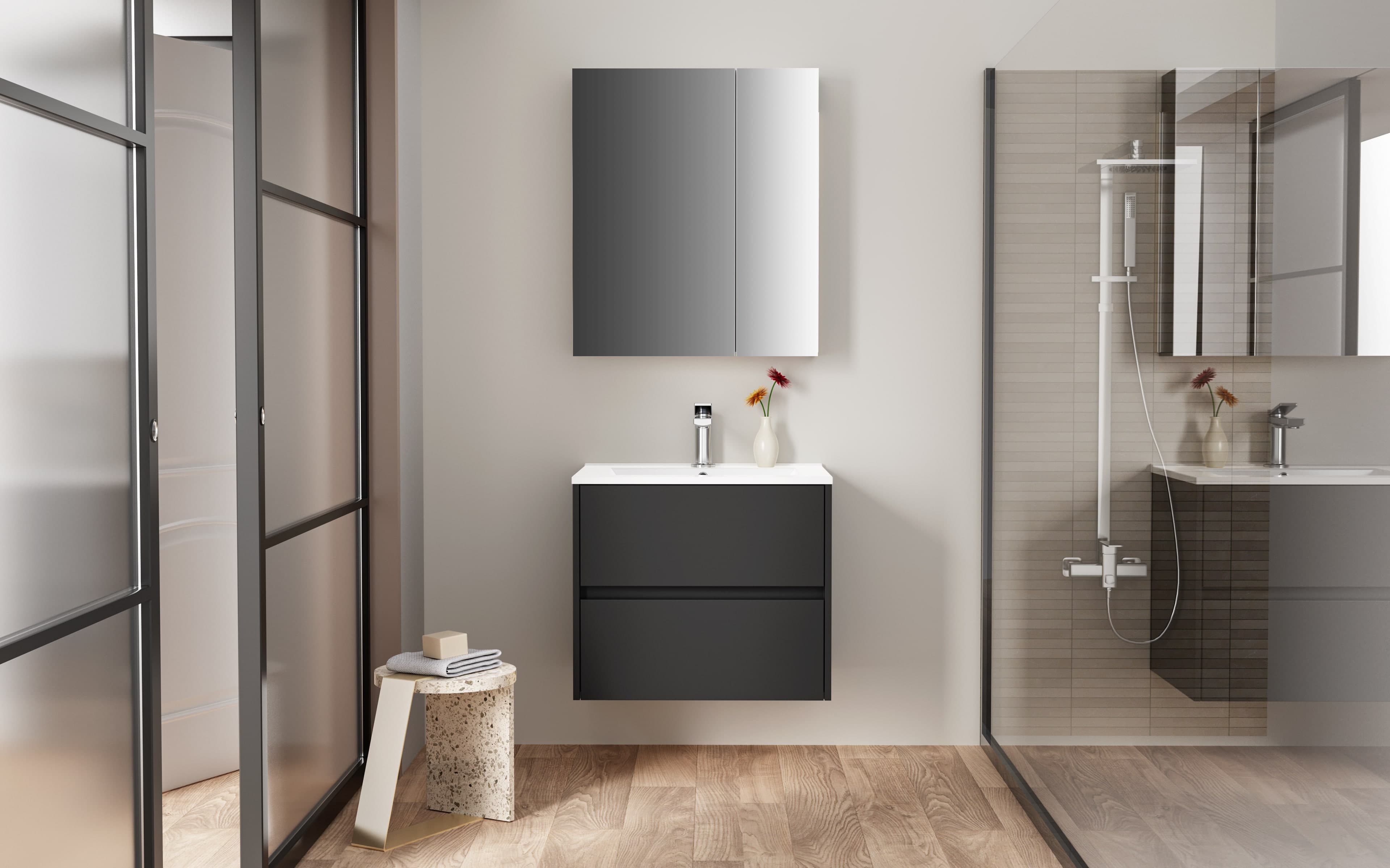 Hayat Armoire miroir - 2 portes miroirs asymétriques, à un seul côté - 4 étagères réglables en hauteur - 60X70X15 cm - Noir mat