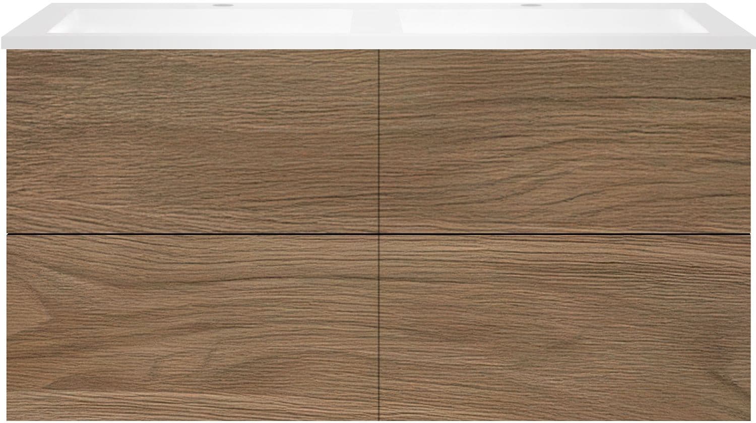 SOUS MEUBLE COFFEE 4 TIROIRS 120 DUO CHENE CARAMELLE +DOUBLE LAVABO EN MARBRE SYNTHETIQUE BLANC