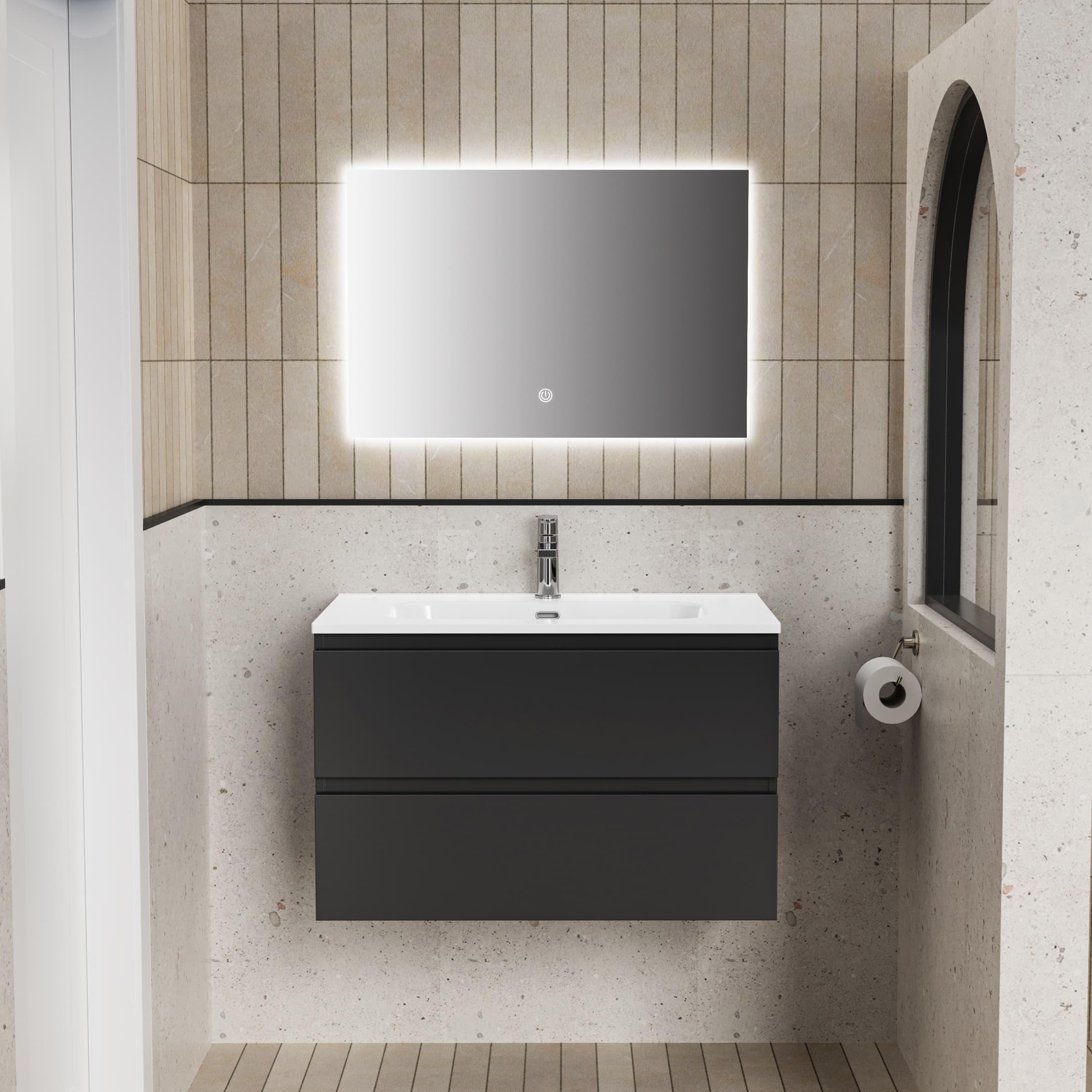 ALONI liva ensemble de meuble de salle de bain complet – avec meuble sous-vasque – avec vasque – avec miroir Led – 80 cm – Noir mat