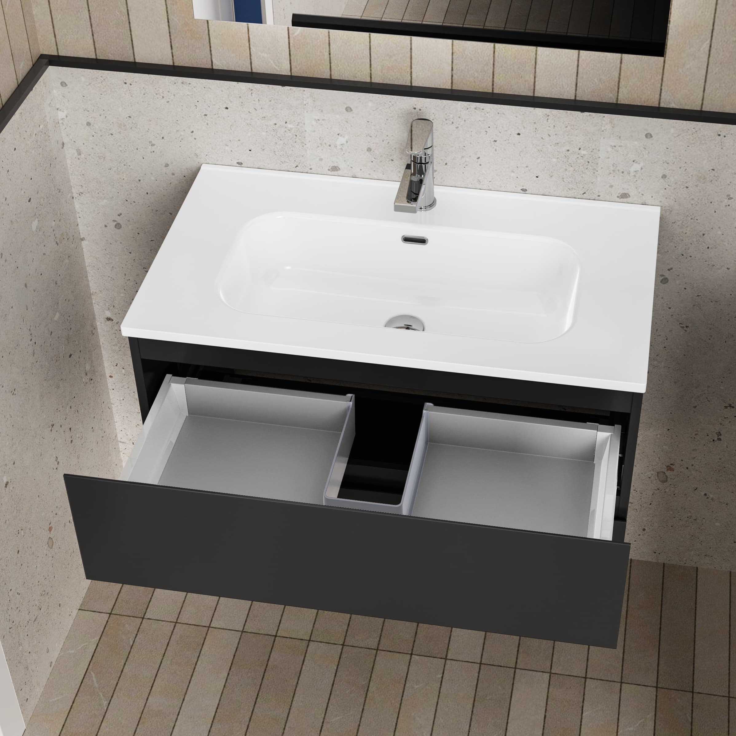 ALONI liva ensemble de meuble de salle de bain complet – avec meuble sous-vasque – avec vasque – avec miroir Led – 80 cm – Noir mat