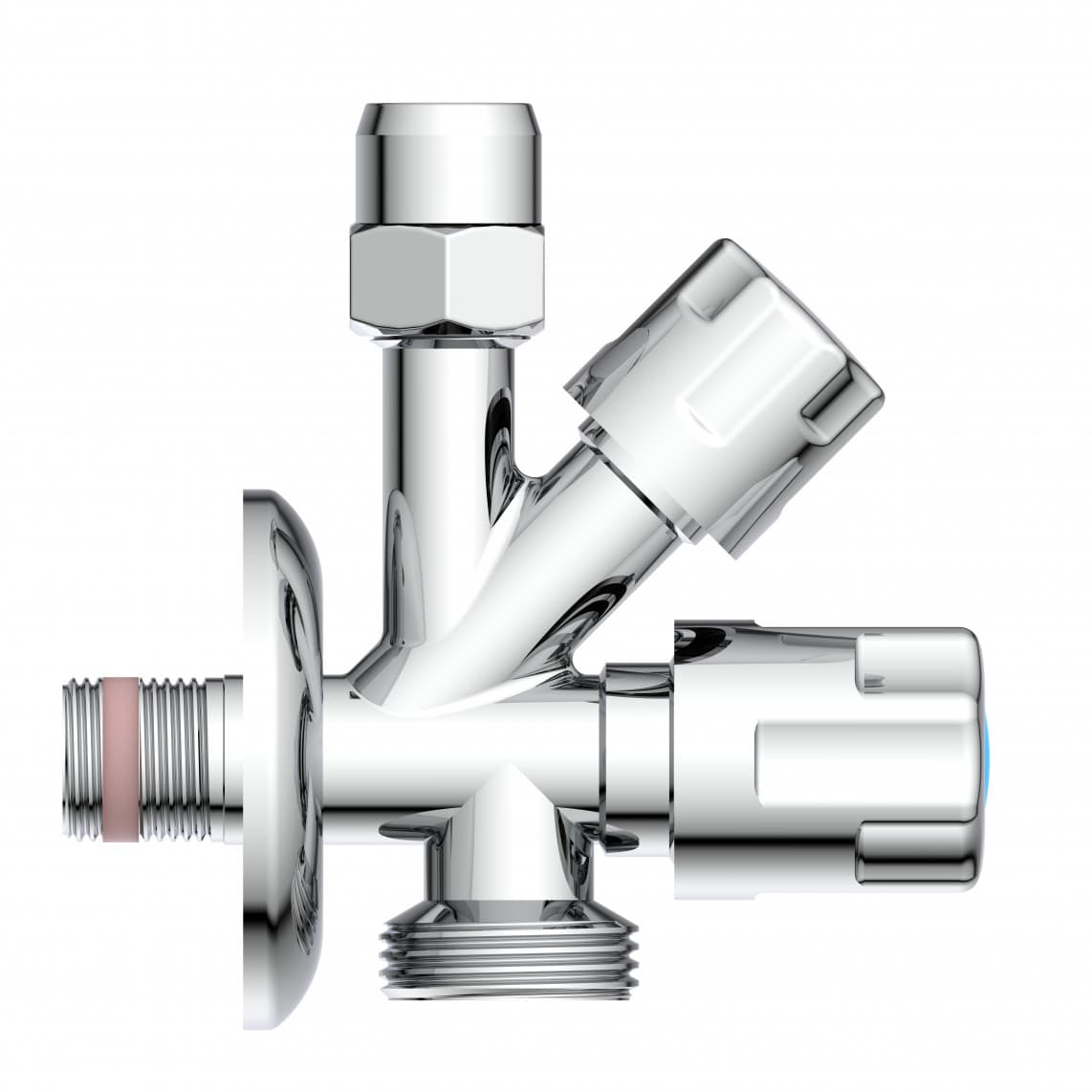 98629500 GA-robinet d'équerre, chromé, 3/8" M x 3/4" M x 3/8" M x 10 mmQ, avec clapet anti-retour, auto-étanche