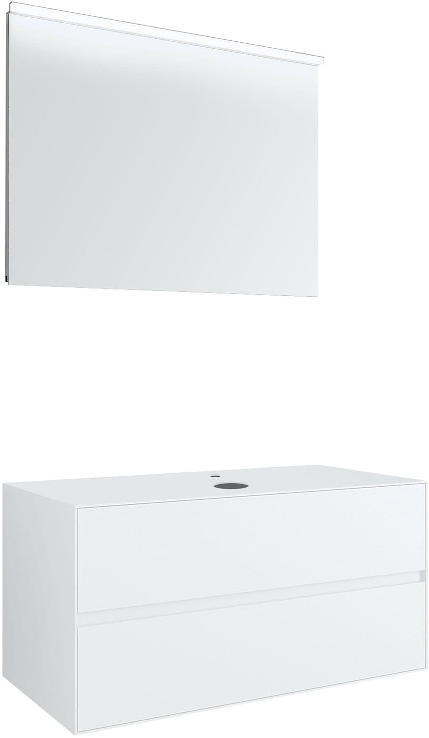MEUBLE 2 TIROIRS+ TABLET POUR LAVABO A POSER CENTRAL TENSO 90CM TENSO +TROU ROBINET BLANC AVEC MIROIR