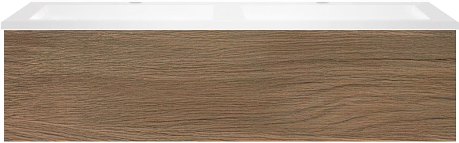 SOUS MEUBLE COFFEE 1 TIROIR 120 DUO CHENE CARAMELLE + LAVABO DOUBLE EN MARBRE SYNTHETIQUE BLANC