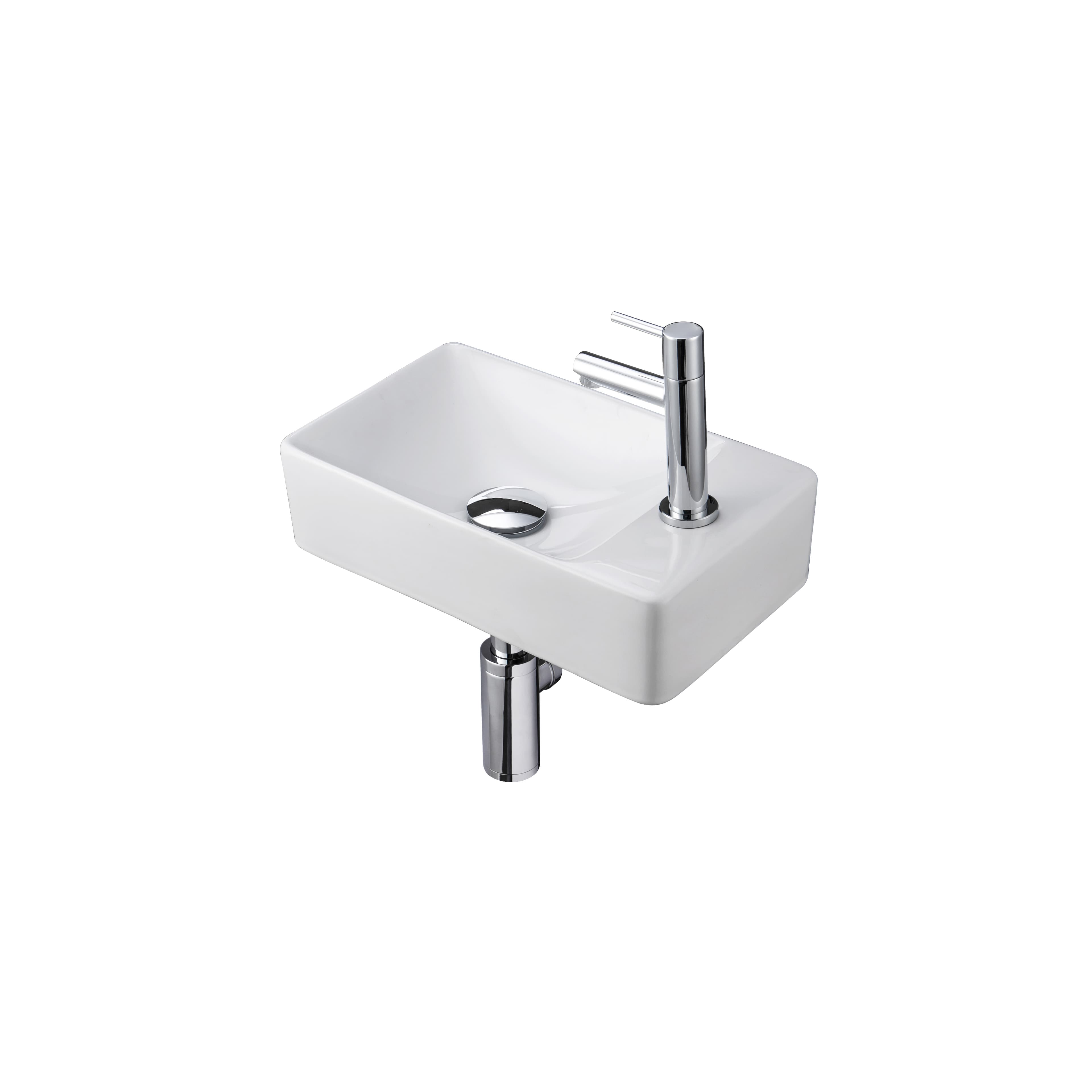 Ensemble Lave-mains ALONI essi complet – avec Lave-mains droite, robinet, bonde de vidange et siphon – blanc brillant - chrome