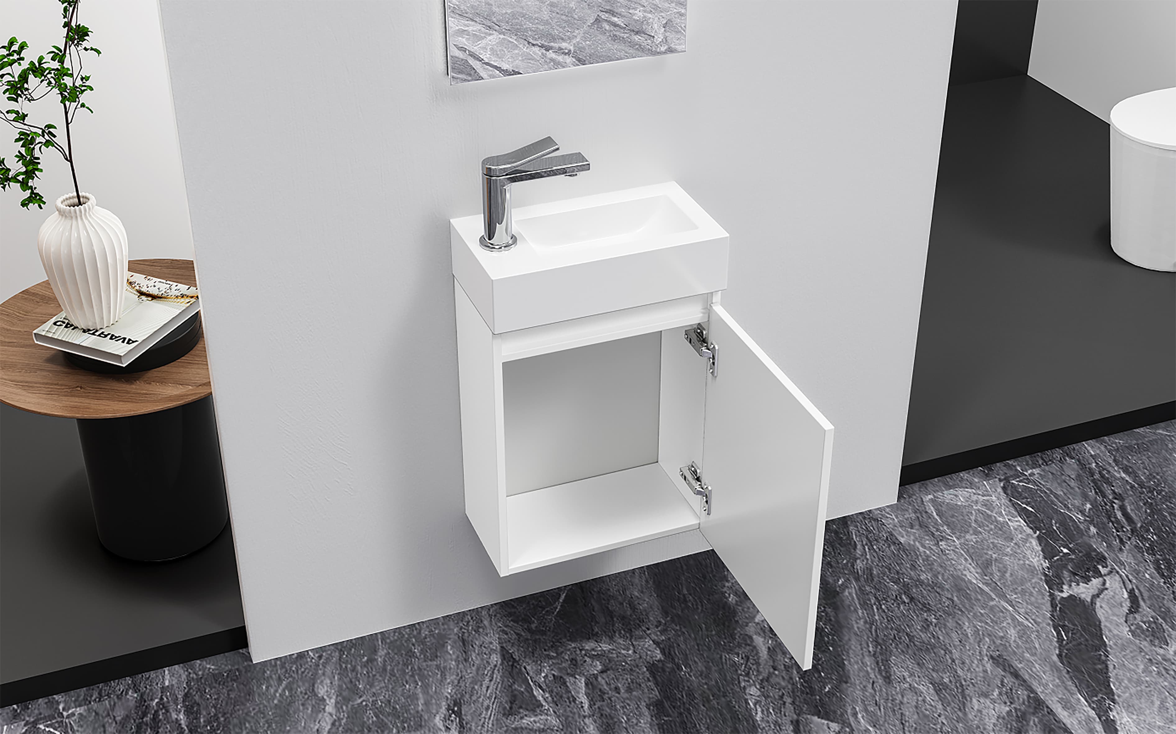 ALONI ZYRO ENSEMBLE DE MEUBLE DE TOILETTE - COMPLÈT - MEUBLE SOUS-VASQUE AVEC 1 PORTE - SANS POIGNÉE - SOFT CLOSE - RÉVERSIBLE - MIROIR - LAVE MAINS - 40,5X22,5 CM - BLANC BRILLANT