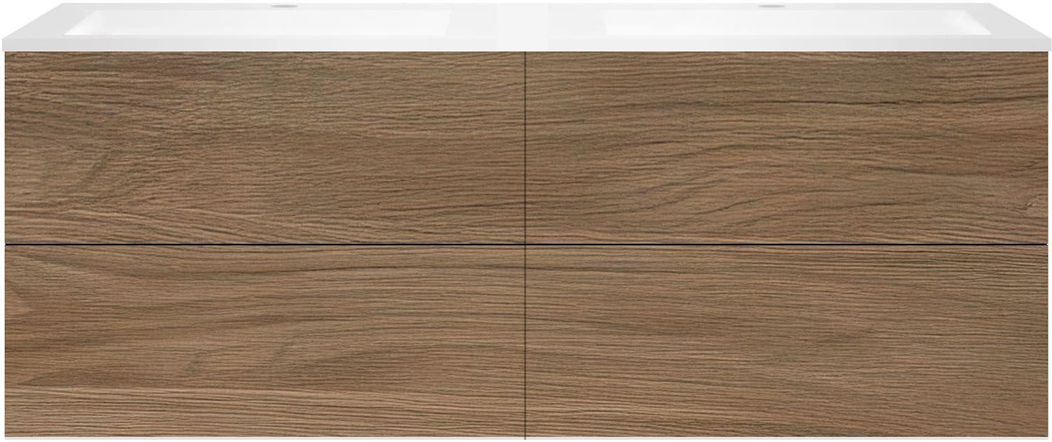 SOUS MEUBLE COFFEE 4 TIROIRS 160 DUO CHENE CARAMELLE +DOUBLE LAVABO EN MARBRE SYNTHETIQUE BLANC