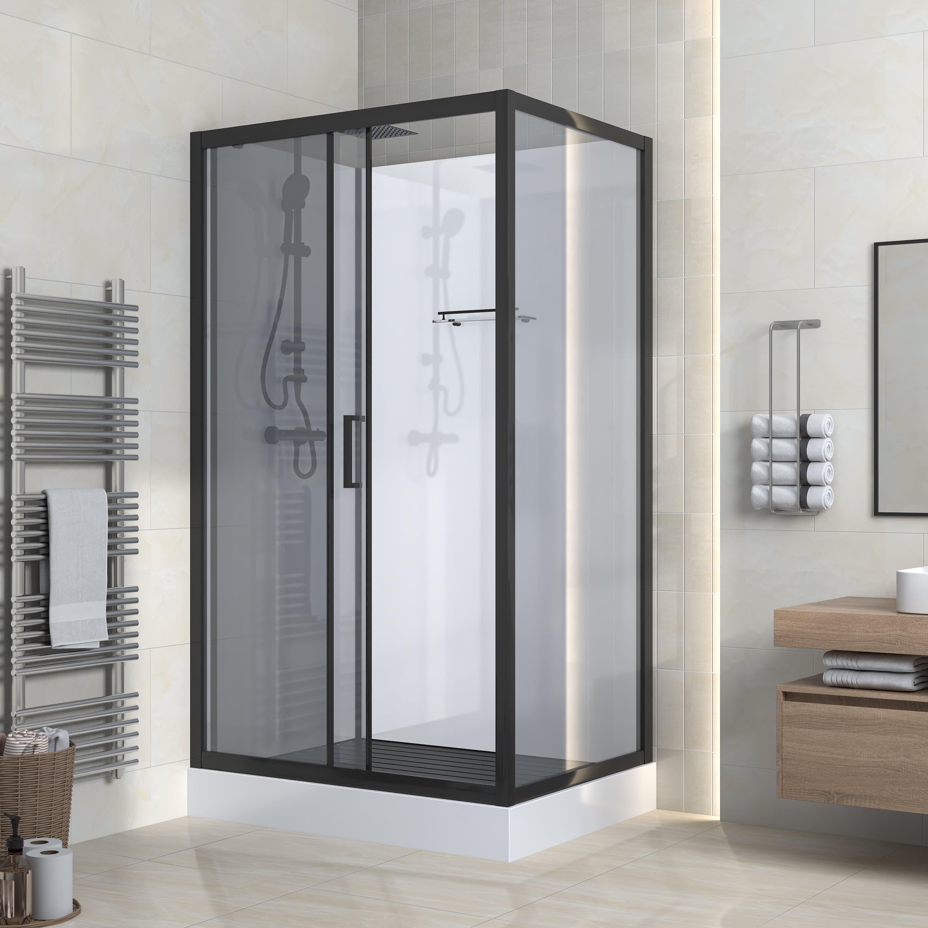 Marani cabine de douche complète avec porte coulissante - réversible - 120X225X90 cm - Noir mat - verre fumé Gris