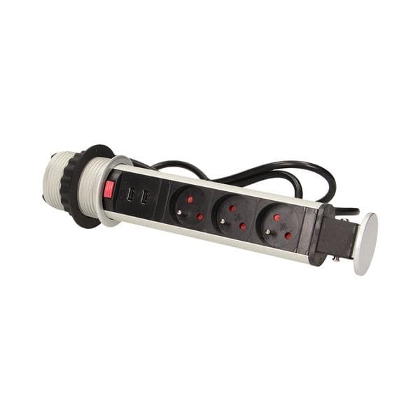 Prise de bureau escamotable Ø 6cm avec chargeurs Usb et câble de 1,8m 3 x prises 16A 3680W IP20