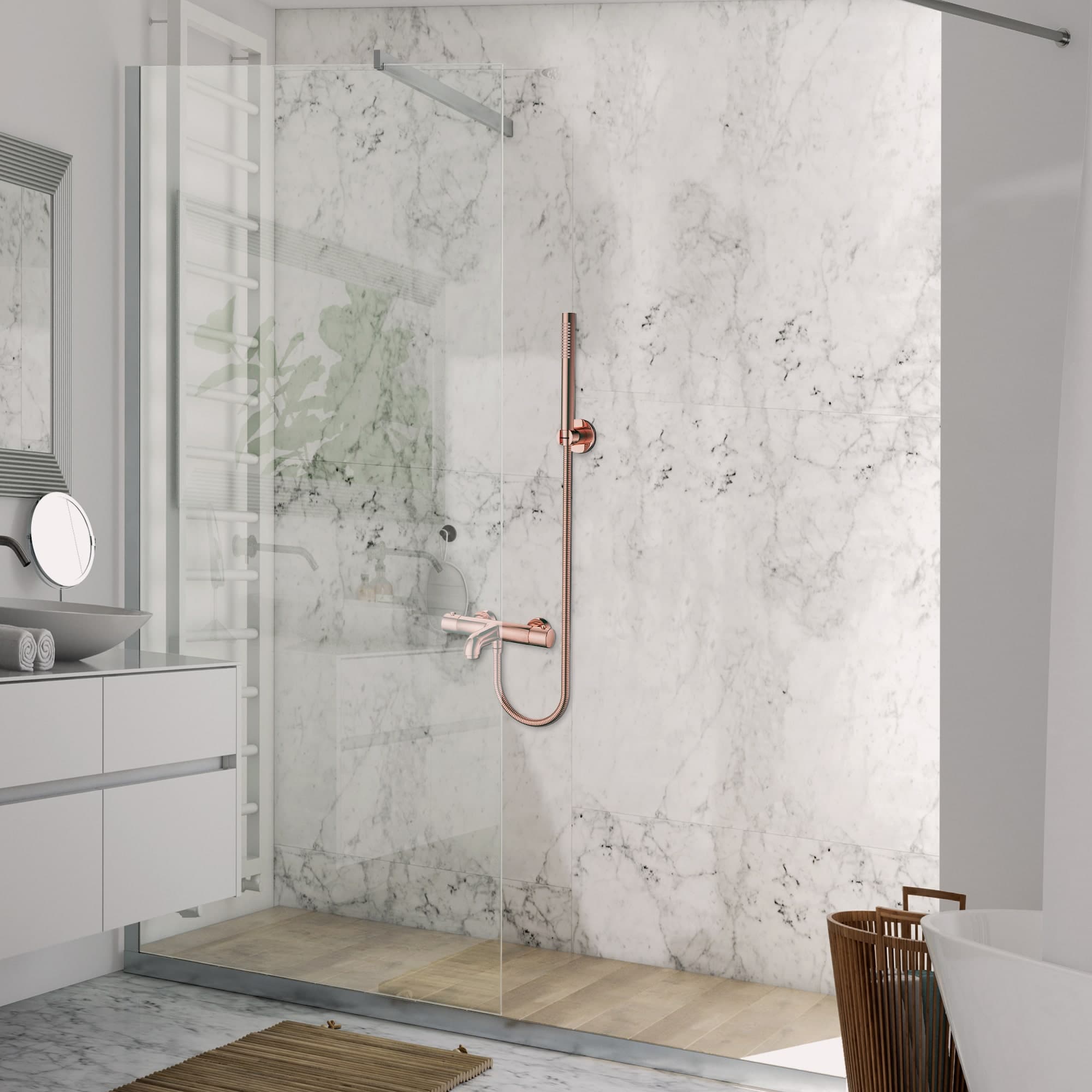 ALONI mitigeur bain et de douche - thermostatique - avec flexible de douche 150 cm, pomme de douche et support mural - cuivre brossé
