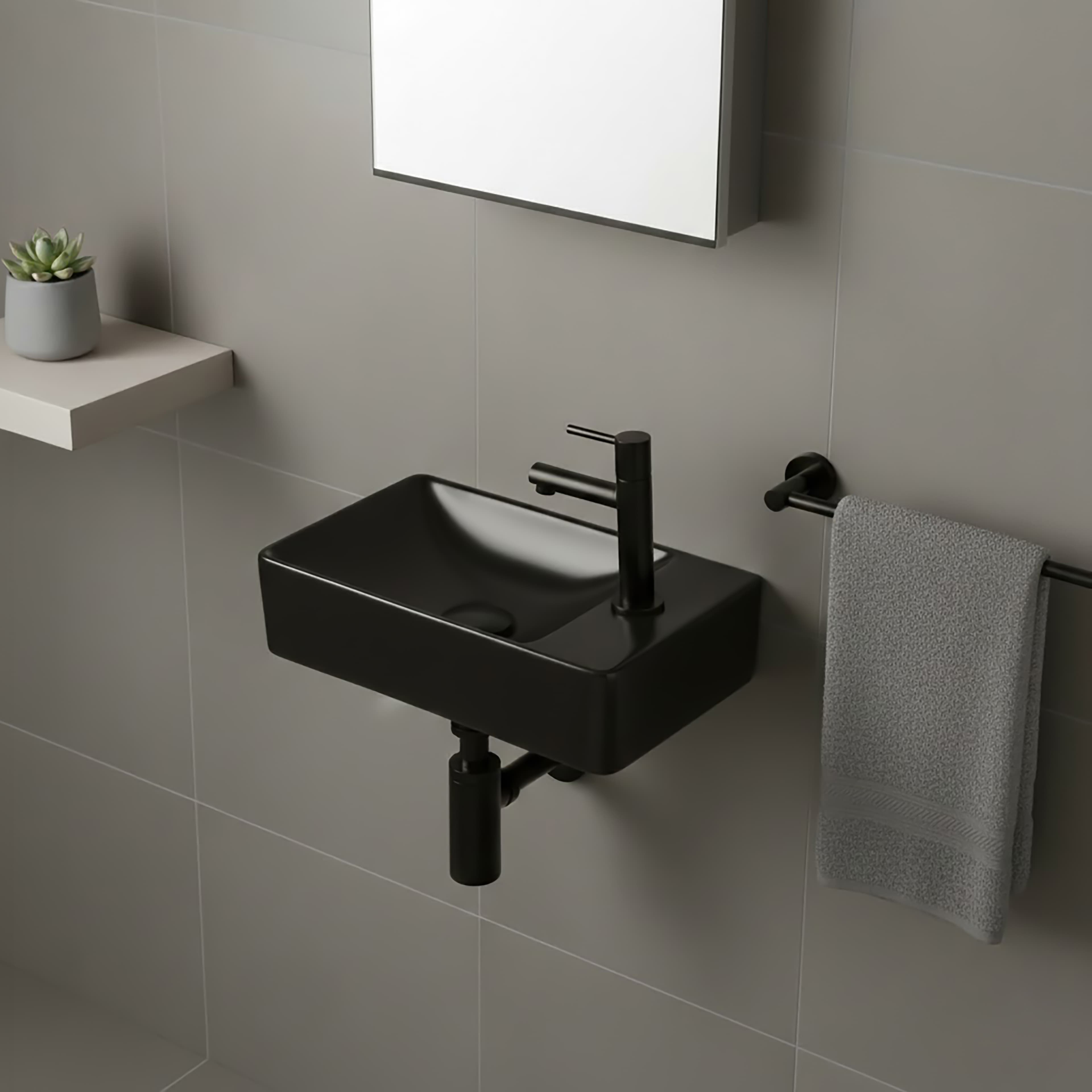 Ensemble lave-mains ALONI essi complet – avec lave-mains droite, robinet, bonde de vidange et siphon – Noir mat