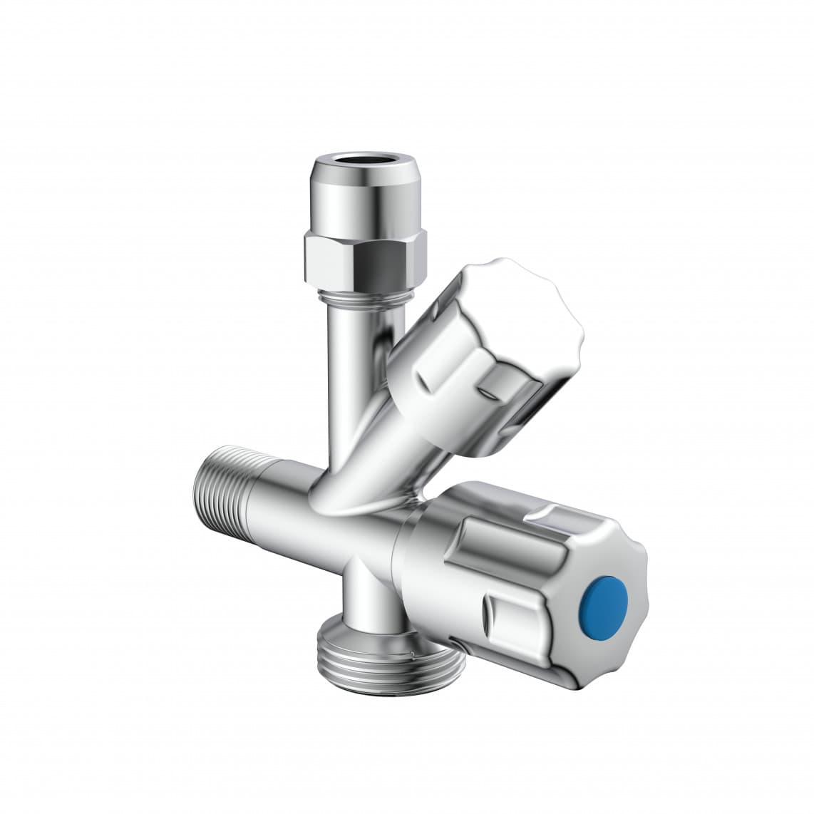 986290148 GA-robinet d'équerre, chromé, 3/8" M x 3/4" M x 3/8" M x 10 mmQ, avec clapet anti-retour