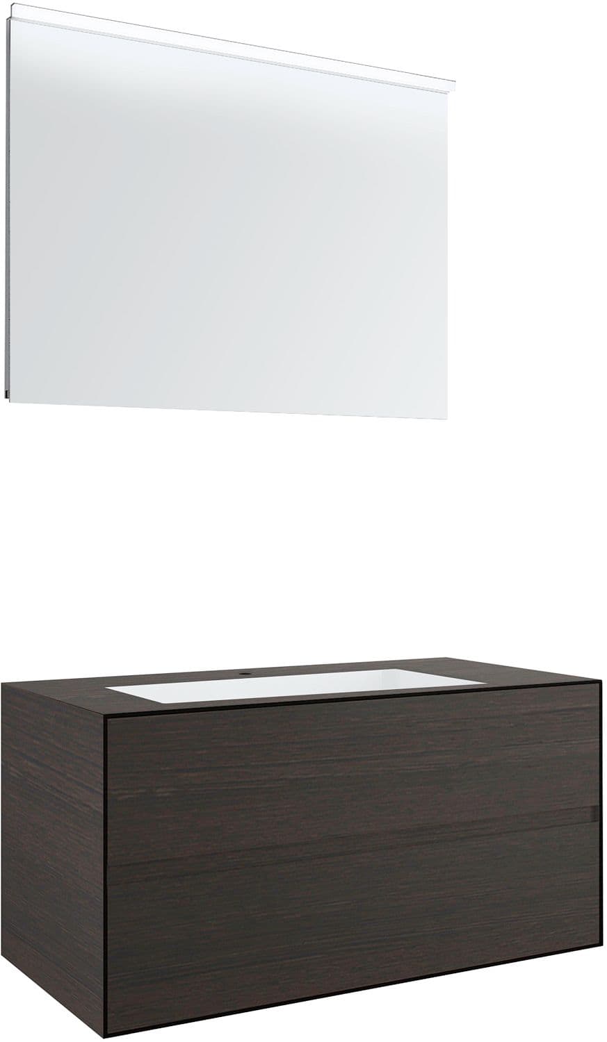 MEUBLE 2 TIROIRS+ LAVABO SOUS ENCASTRER CENTRAL TENSO 90CM +TROU ROBINET WENGE AVEC MIROIR