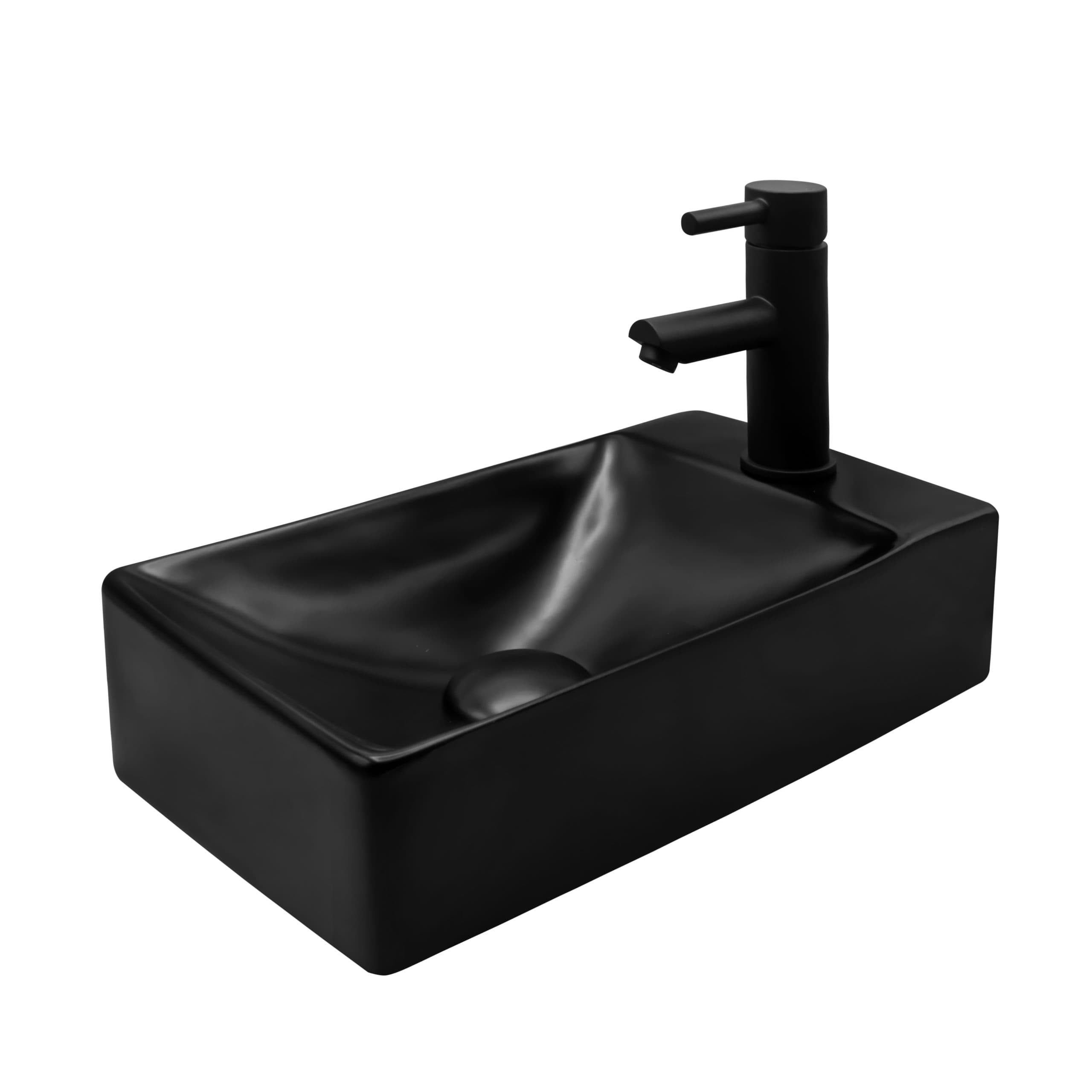 ALONI LAVE-MAINS – SANS TROP-PLEIN – TROU DE ROBINET À DROITE – CÉRAMIQUE – 38X10X22CM – NOIR MAT