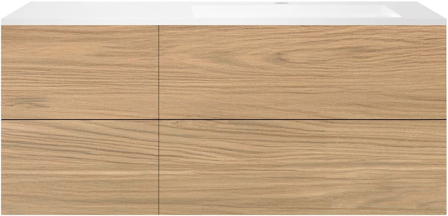 SOUS MEUBLE COFFEE 4 TIROIRS 140 CHENE CLASSIQUE +LAVABO DROITE EN MARBRE SYNTHETIQUE BLANC