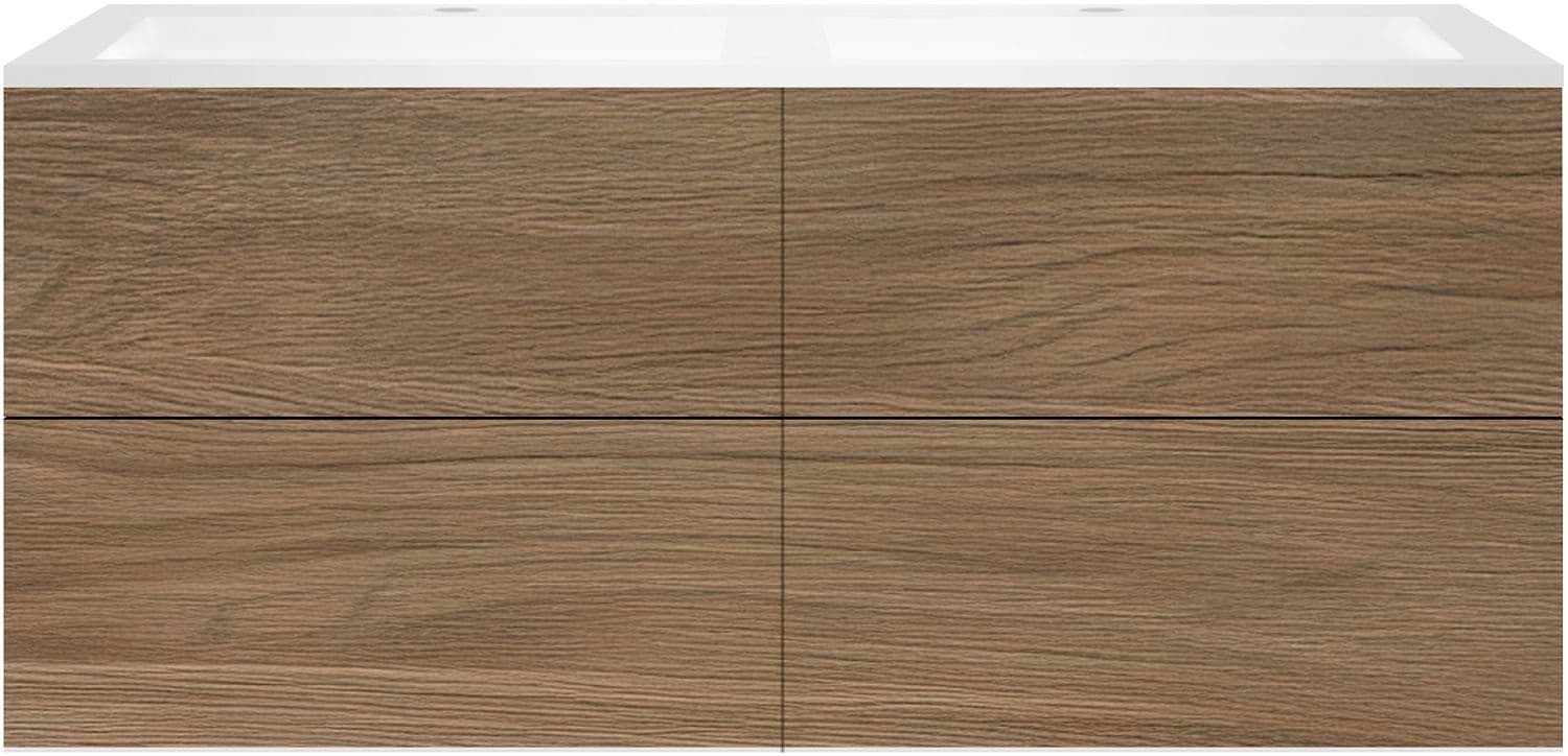 SOUS MEUBLE COFFEE 4 TIROIRS 140 DUO CHENE CARAMELLE +DOUBLE LAVABO EN MARBRE SYNTHETIQUE BLANC MAT