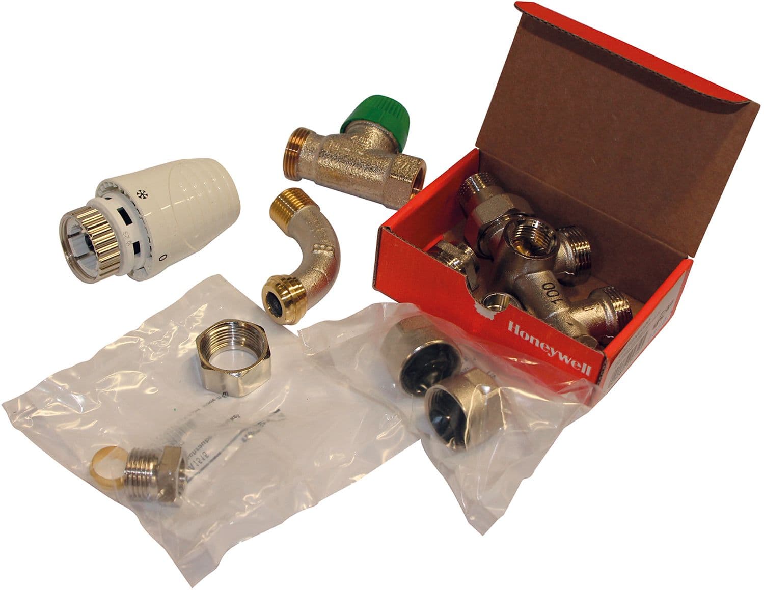 COMBINAISON DE RACCORD BITUBE THERMOSTATIQUE HONEYWELL EQUERRE+COURBE 1/2"
