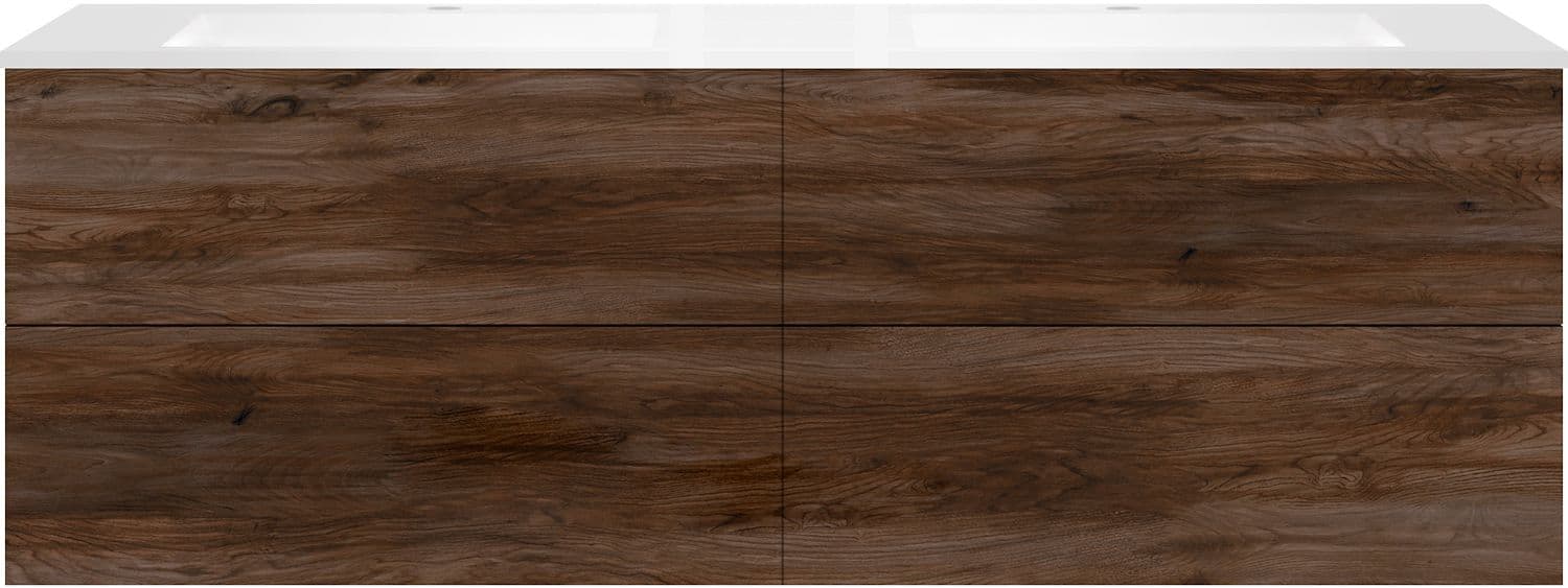 SOUS MEUBLE COFFEE 4 TIROIRS 180 DUO NOYER VELOURS +DOUBLE LAVABO EN MARBRE SYNTHETIQUE BLANC MAT