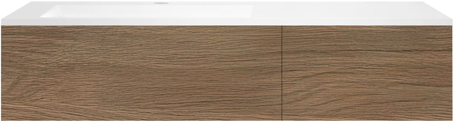 SOUS MEUBLE COFFEE 2 TIROIRS 140 CHENE CARAMELLE+LAVABO EN MARBRE SYNTHETIQUE GAUCHE BLANC