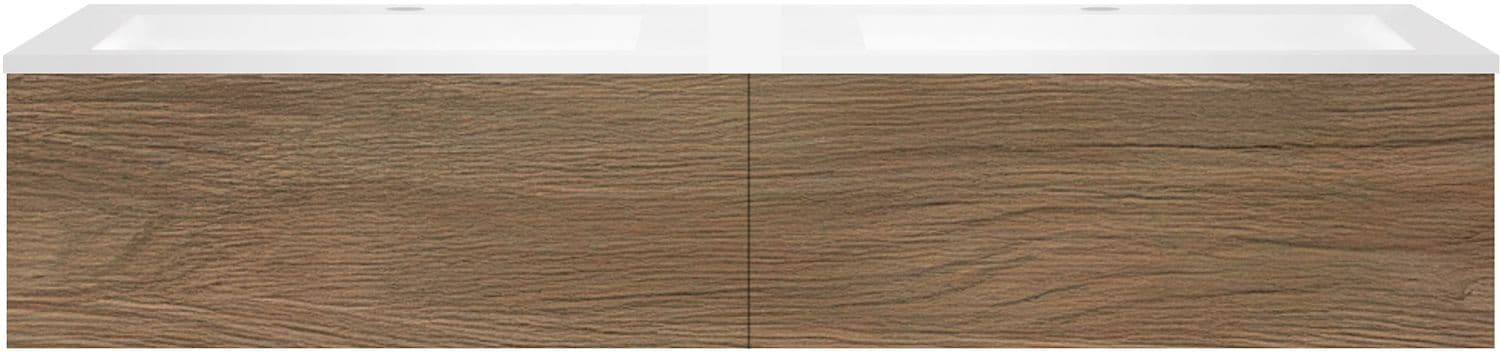 SOUS MEUBLE COFFEE 2 TIROIRS 160 CHENE CARAMELLE +DOUBLE LAVABO EN MARBRE SYNTHETIQUE BLANC