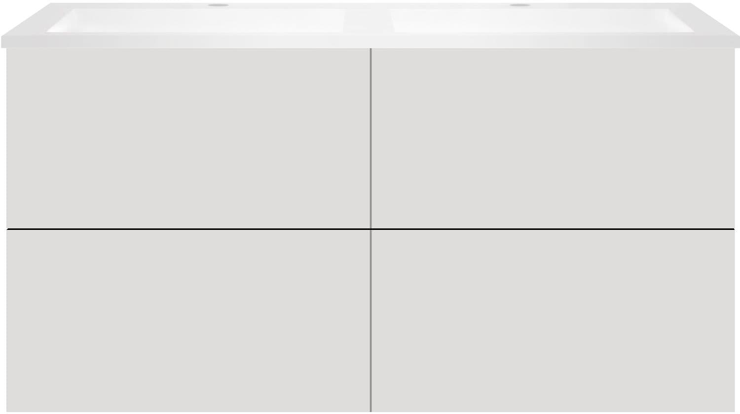 SOUS MEUBLE COFFEE 4 TIROIRS 120 DUO GRIS VELOURS MAT +DOUBLE LAVABO EN MARBRE SYNTHETIQUE BLANC MAT
