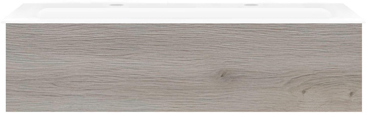 SOUS MEUBLE COFFEE 1 TIROIR 120 CHENE ARGENT + LAVABO 2 TROUS ROBINET EN PORCELAINE BLANC