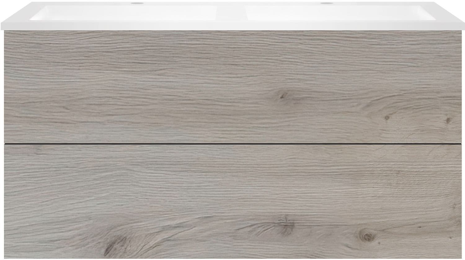 SOUS MEUBLE COFFEE 2 TIROIR 120 DUO CHENE ARGENT + LAVABO DOUBLE EN MARBRE SYNTHETIQUE BLANC MAT