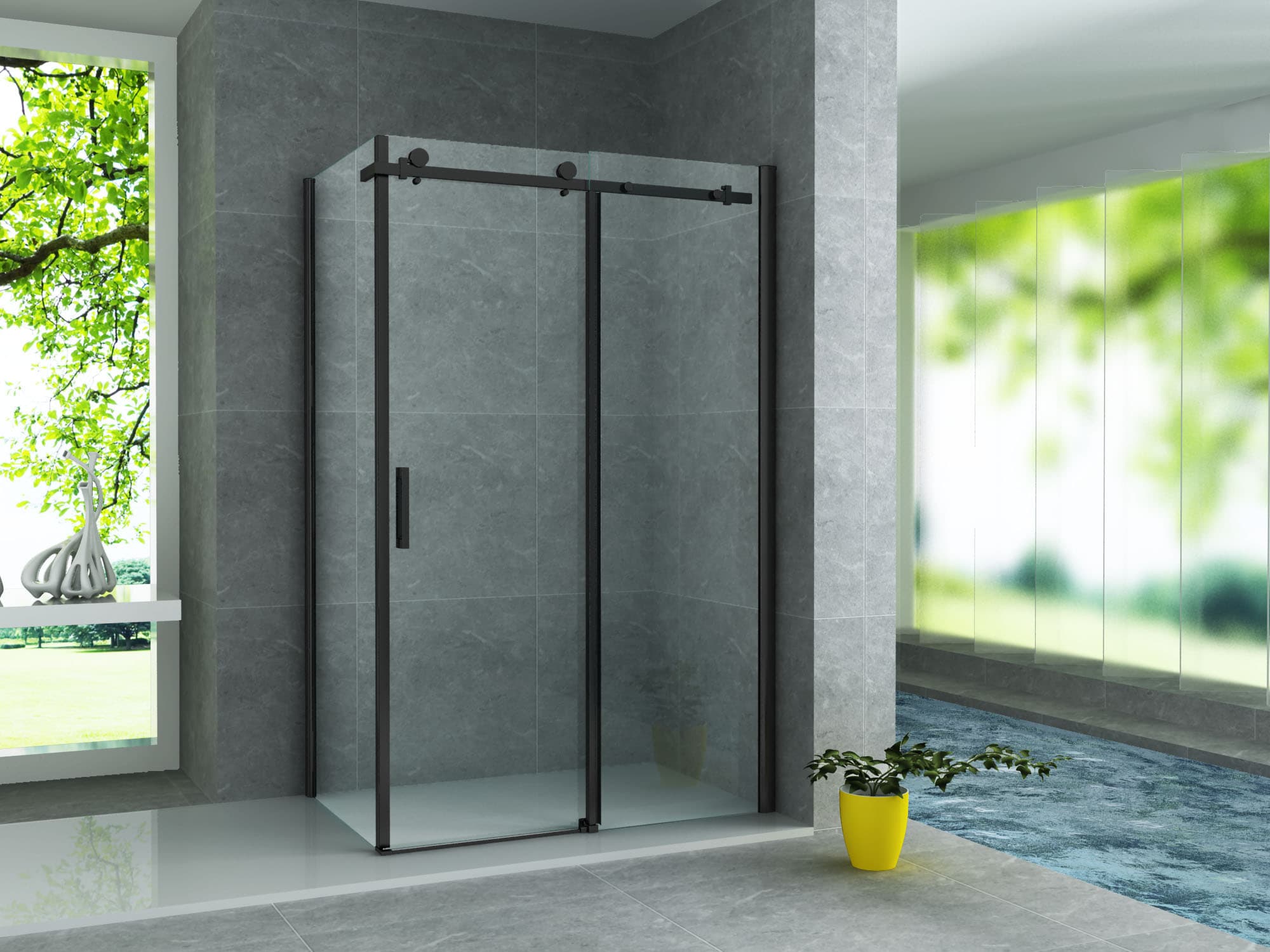 ALONI cabine de douche - porte coulissante et paroi latérale - 900 X 1600 X 1950 mm - Noir mat - verre clair