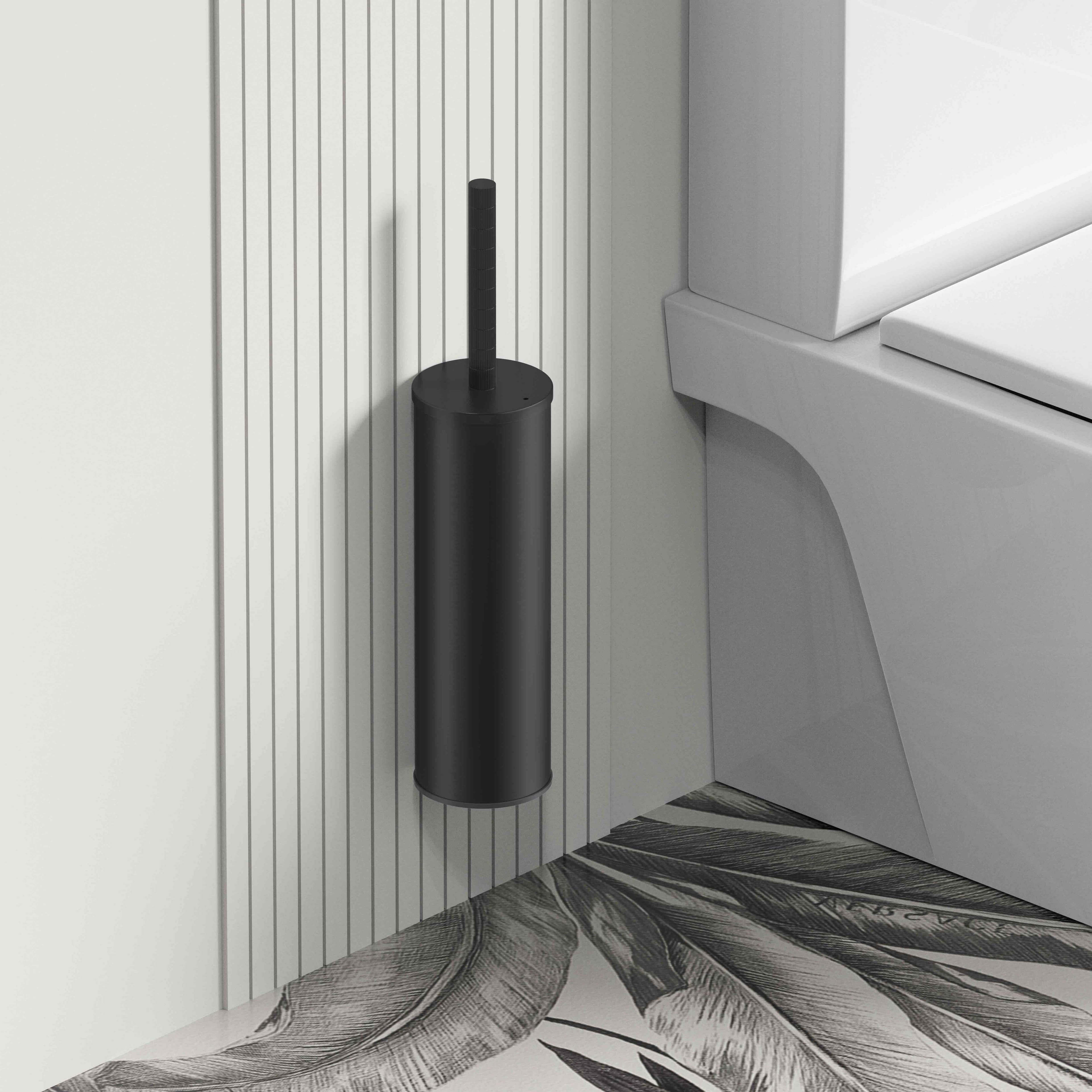 STRIA Toilet brush – holder – ribbed handle – suspended or floor‑mounted – plastic receptacle – mat black (PVD)