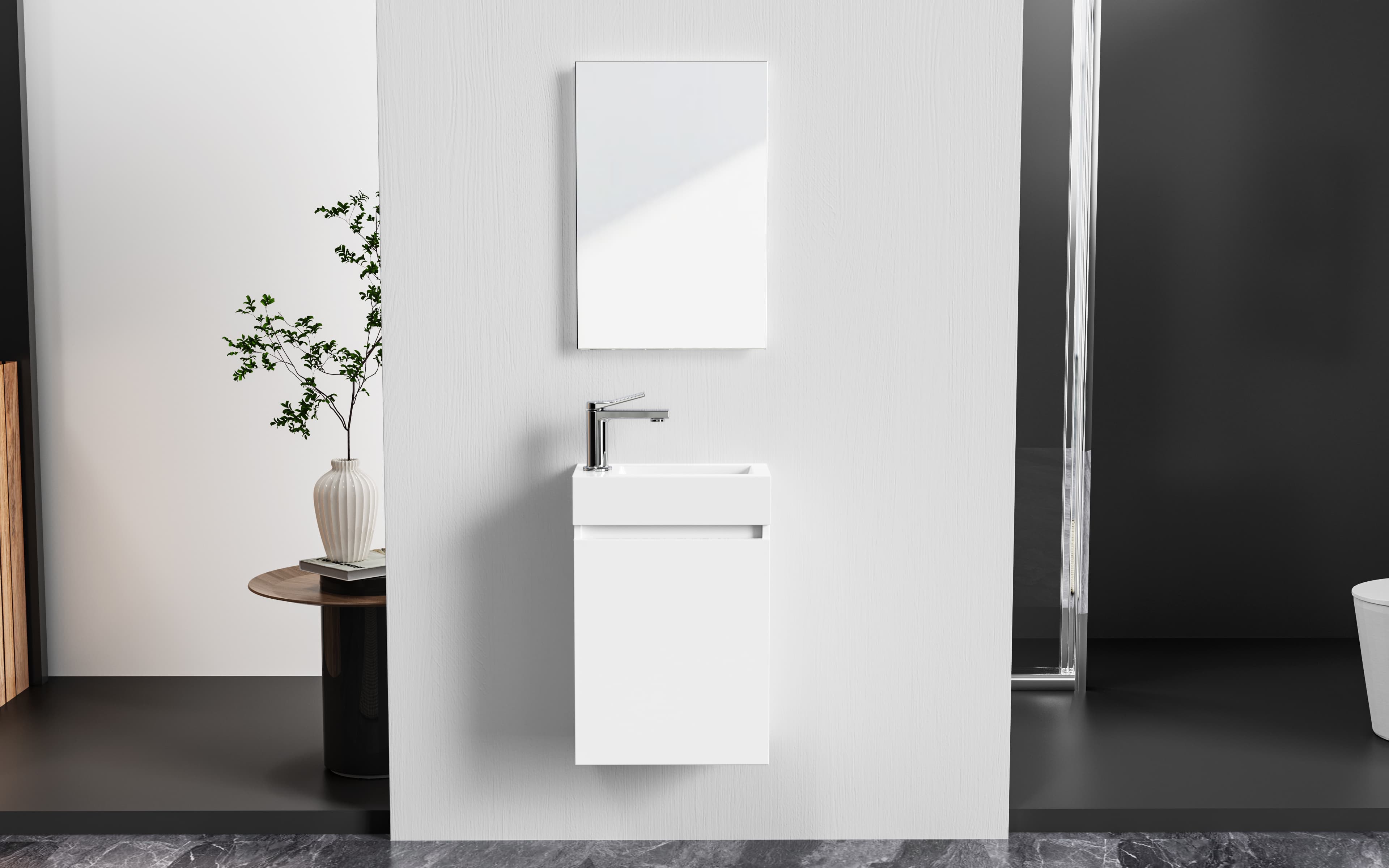 ALONI ZYRO ENSEMBLE DE MEUBLE DE TOILETTE - COMPLÈT - MEUBLE SOUS-VASQUE AVEC 1 PORTE - SANS POIGNÉE - SOFT CLOSE - RÉVERSIBLE - MIROIR - LAVE MAINS - 40,5X22,5 CM - BLANC BRILLANT