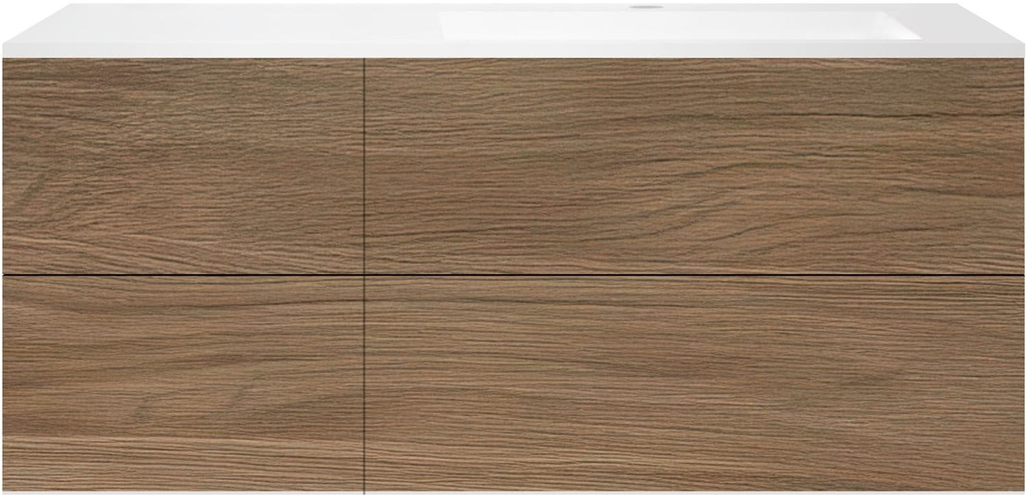 SOUS MEUBLE COFFEE 4 TIROIRS 140 CHENE CARAMELLE+LAVABO DROITE EN MARBRE SYNTHETIQUE BLANC MAT